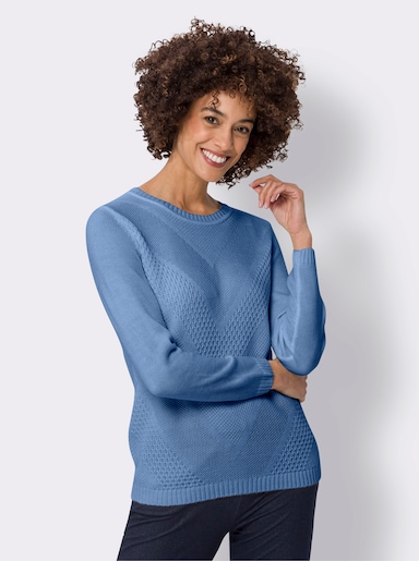 Langarm-Pullover mit Strickmuster vorne - mittelblau