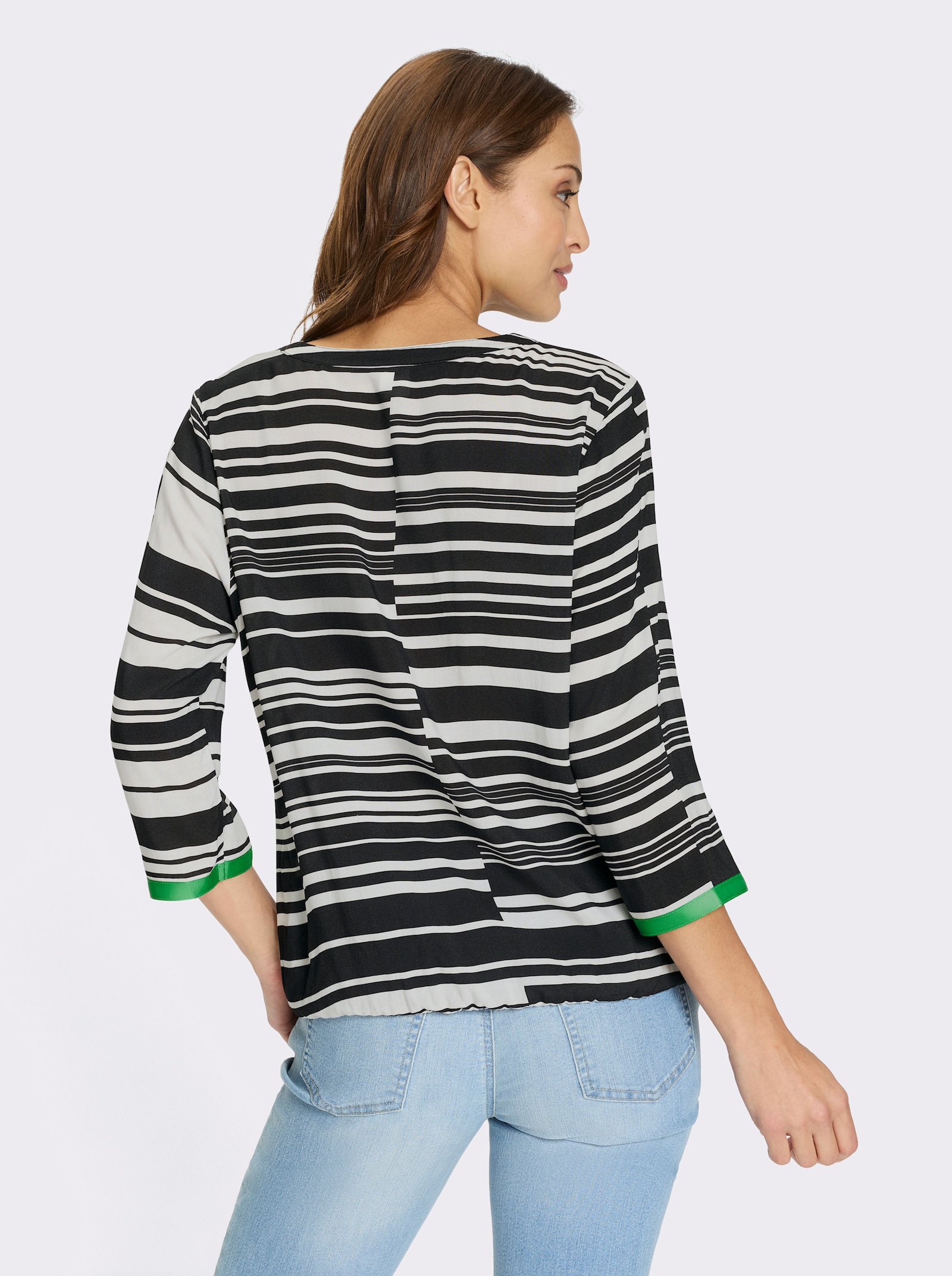 Schlupfbluse mit Gummizug am Saum - weiß-grasgrün-bedruckt