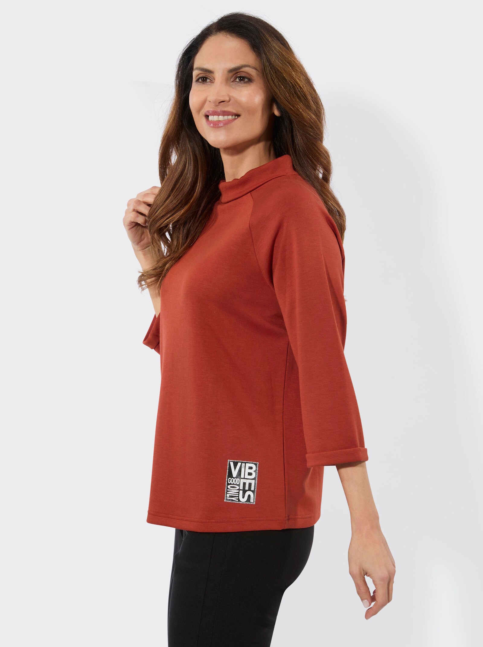 3/4-Arm-Shirt mit halsfernem Rollkragen - rostrot