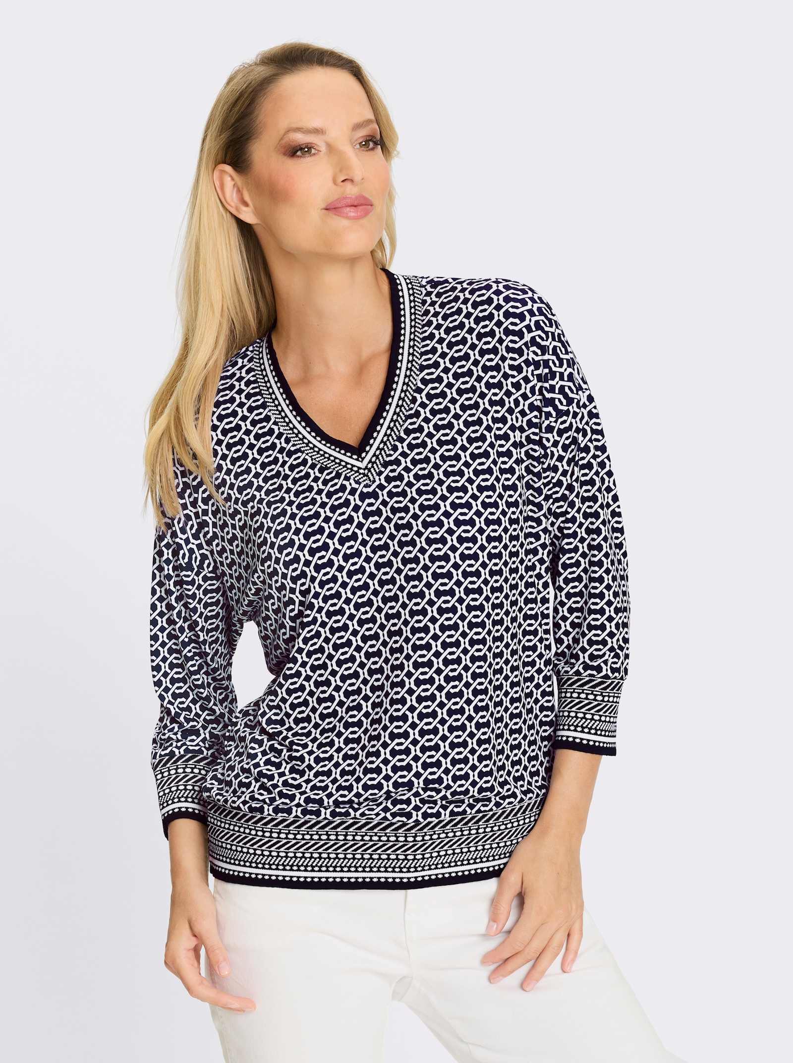 heine T-shirt à manches 3/4 - marine-écru imprimé