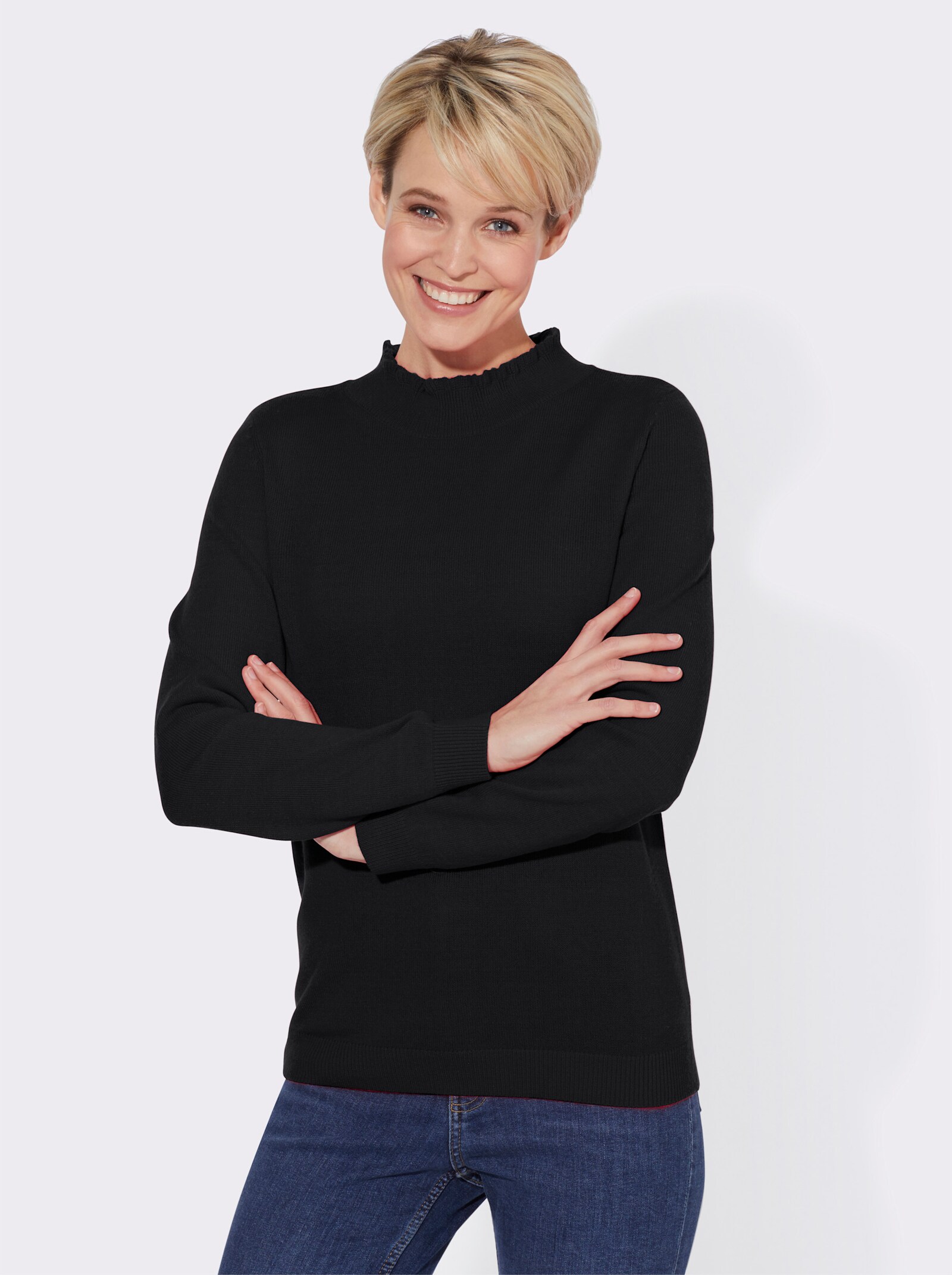 Stehkragenpullover mit Rüschen-Ausschnitt - schwarz