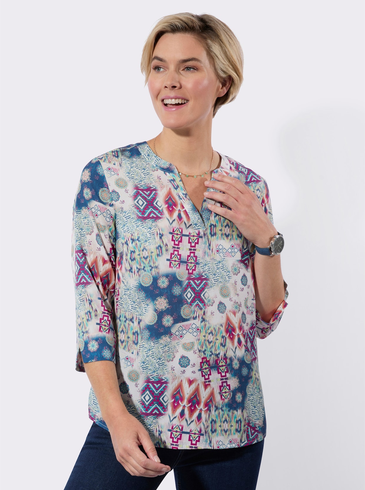 Schlupfbluse - jeansblau-magenta-bedruckt