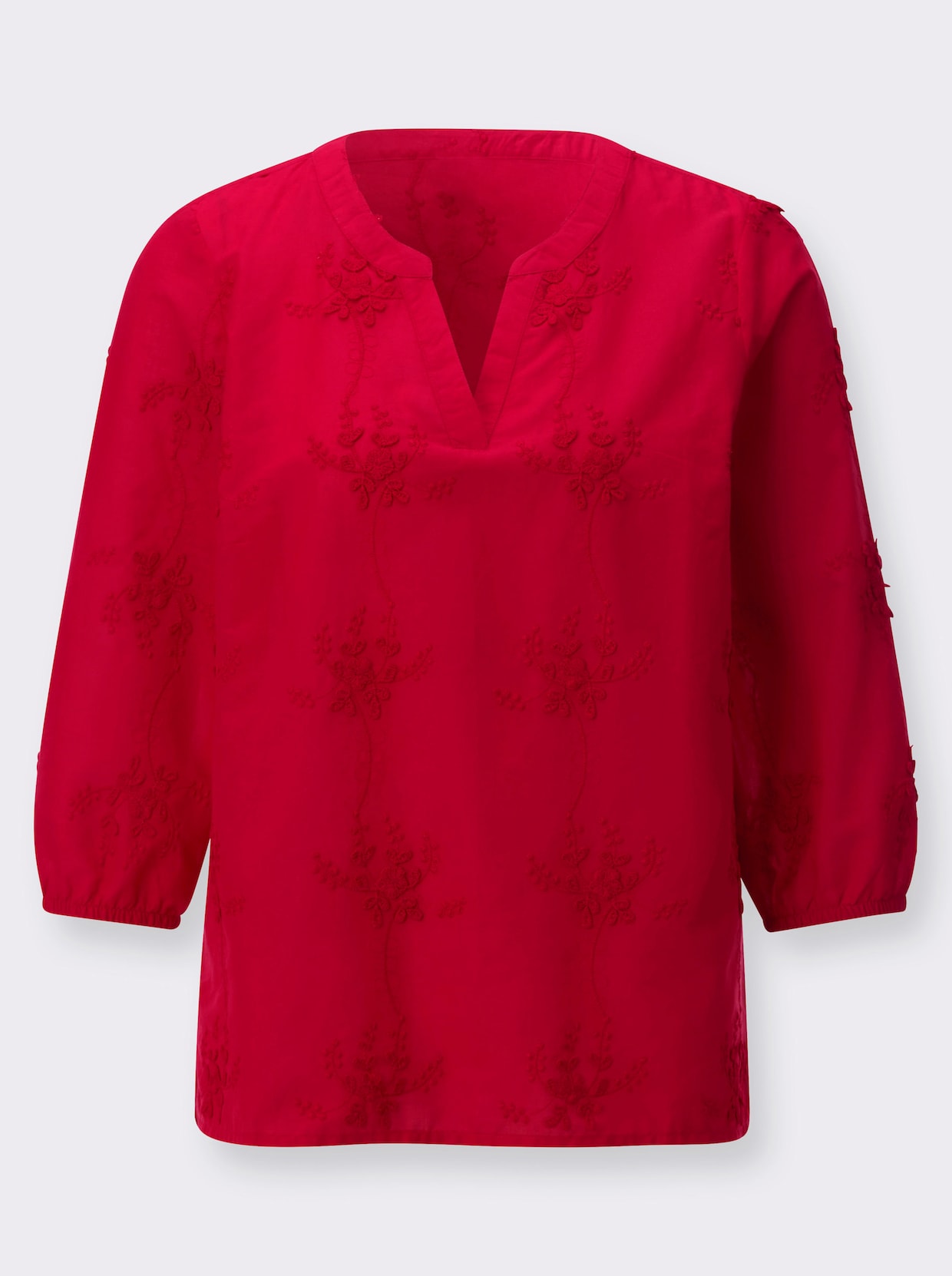 Baumwollbluse mit 3D-Blütenstickerei - erdbeere