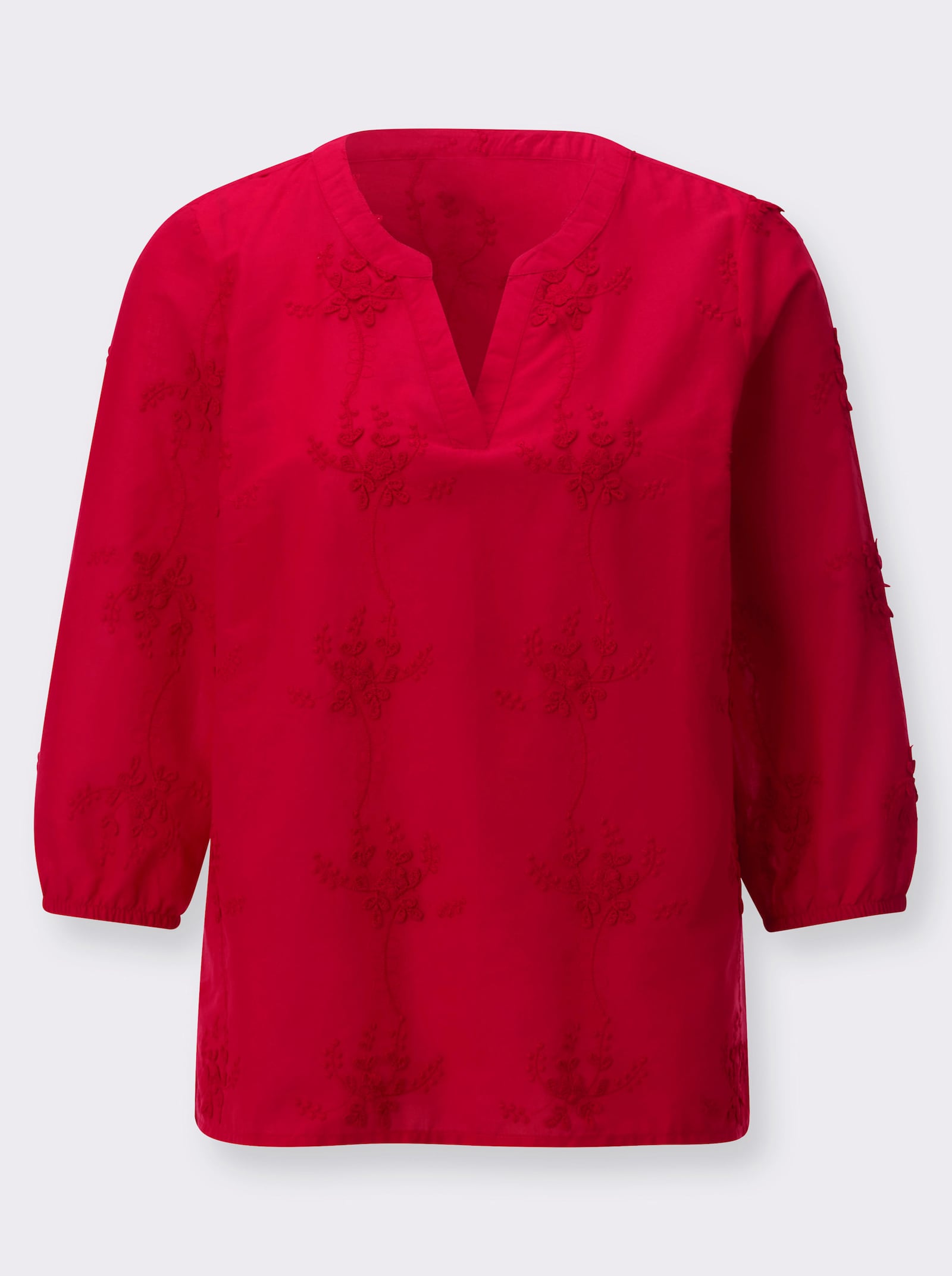 Baumwollbluse mit 3D-Blütenstickerei - erdbeere