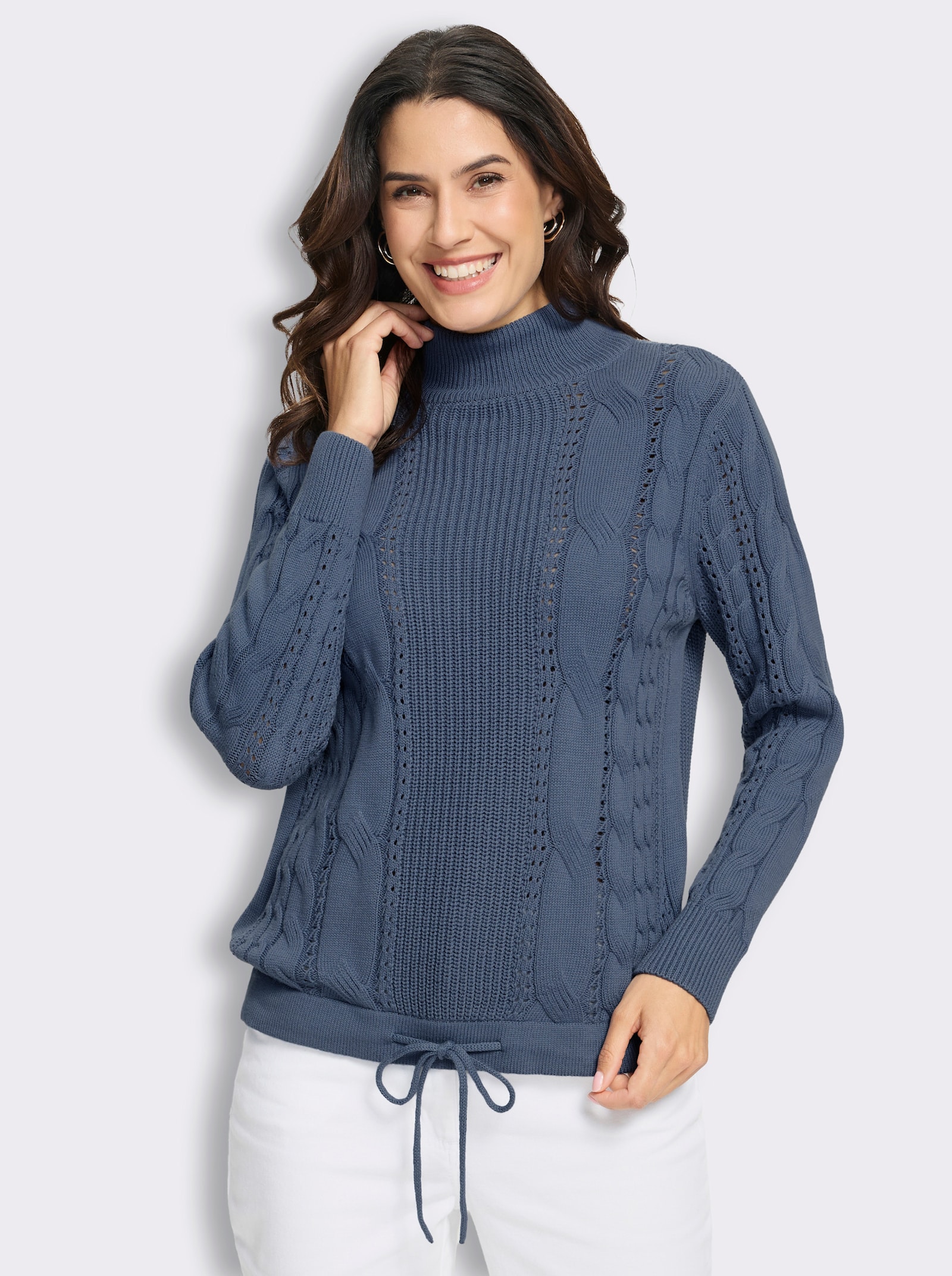 Stehkragenpullover im Strick-Mix - rauchblau