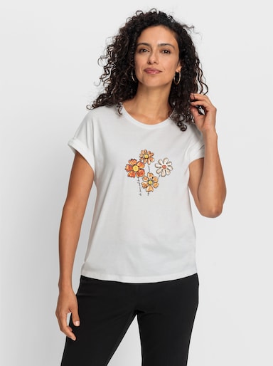 Rundhalsshirt mit Pailletten-Blüten - ecru