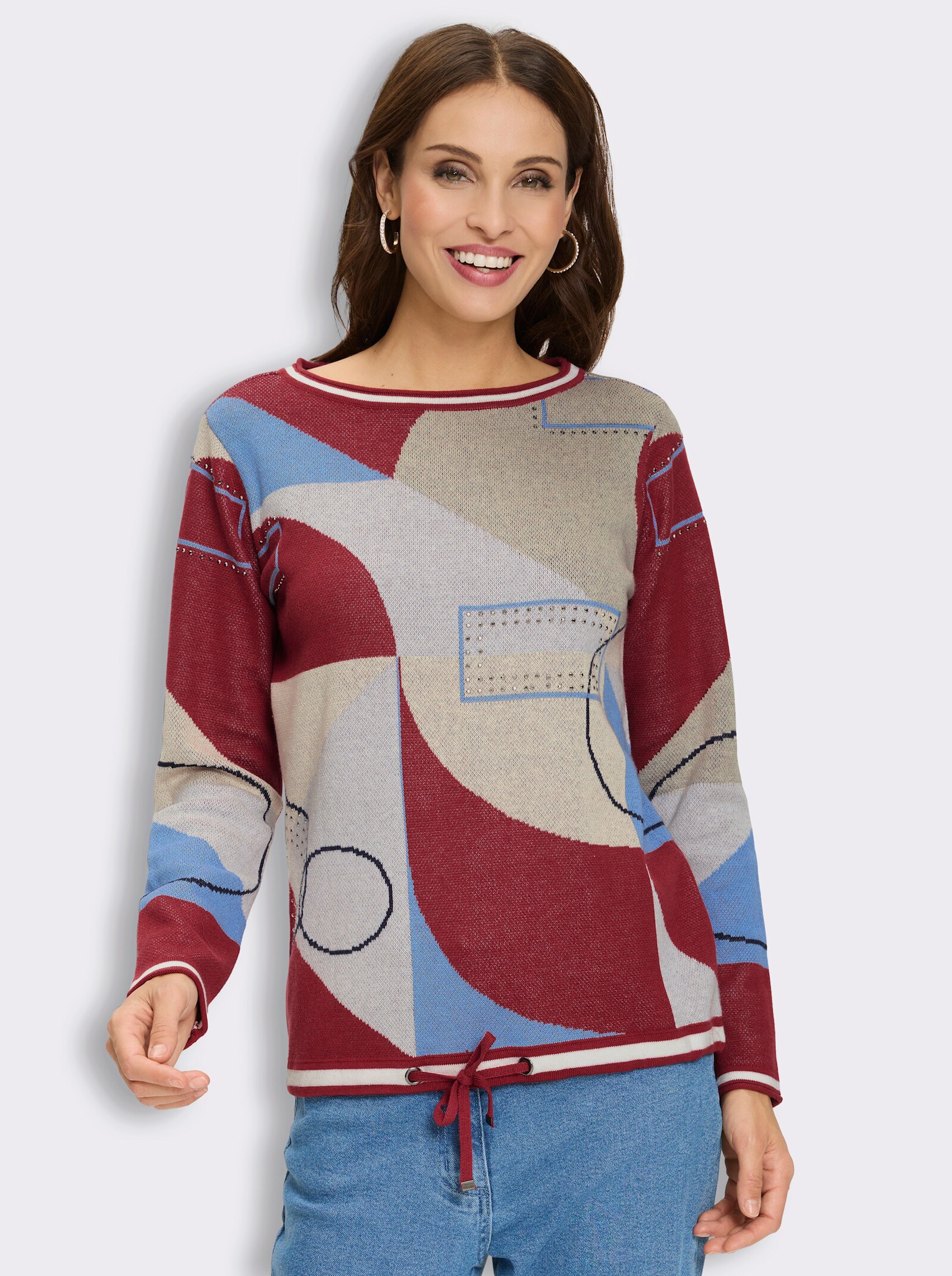 Jacquard-Pullover mit Glitzersteinchen - kirsche-himmelblau-bedruckt