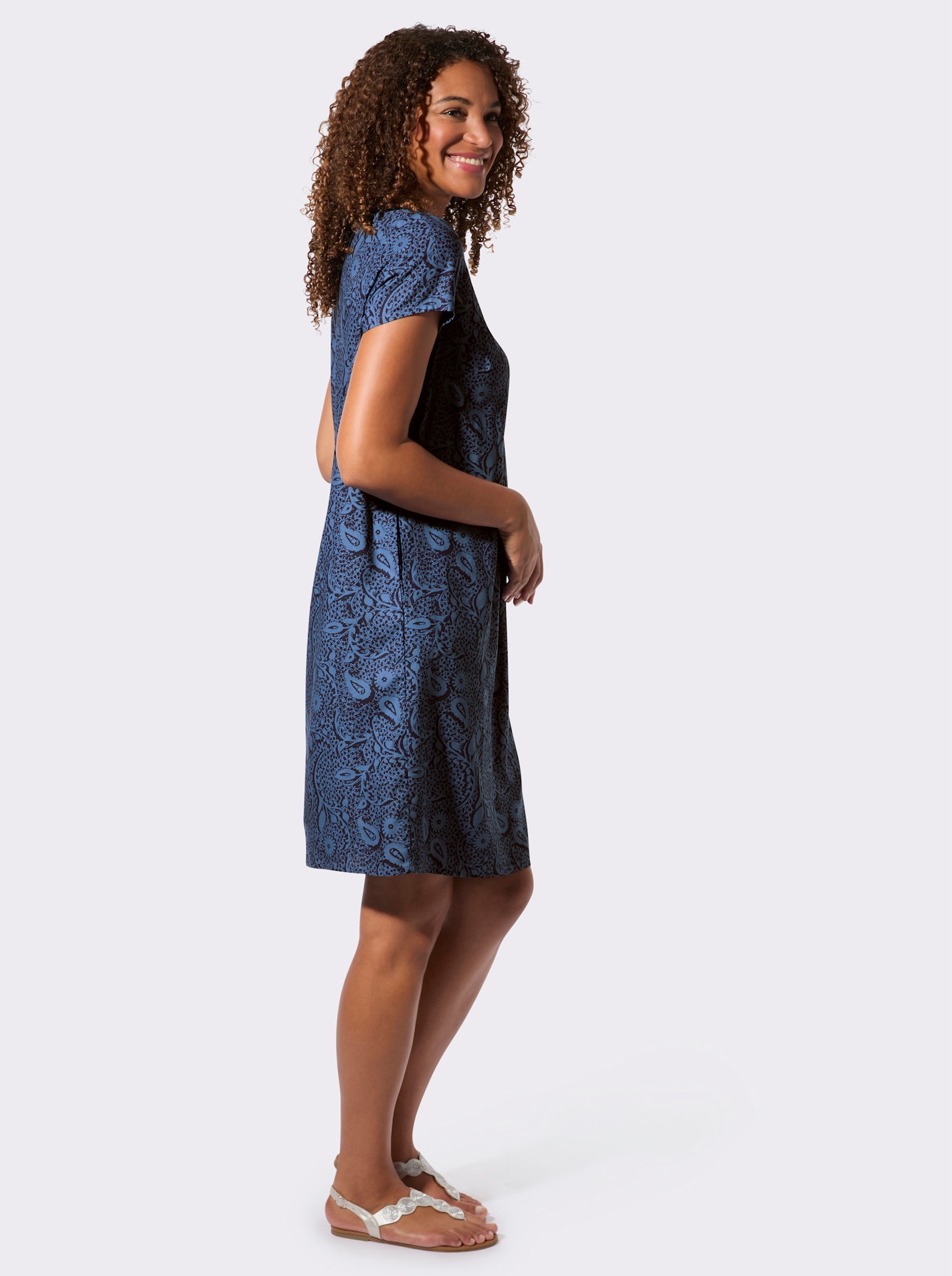 Webkleid in A-Form - jeansblau-marine-bedruckt