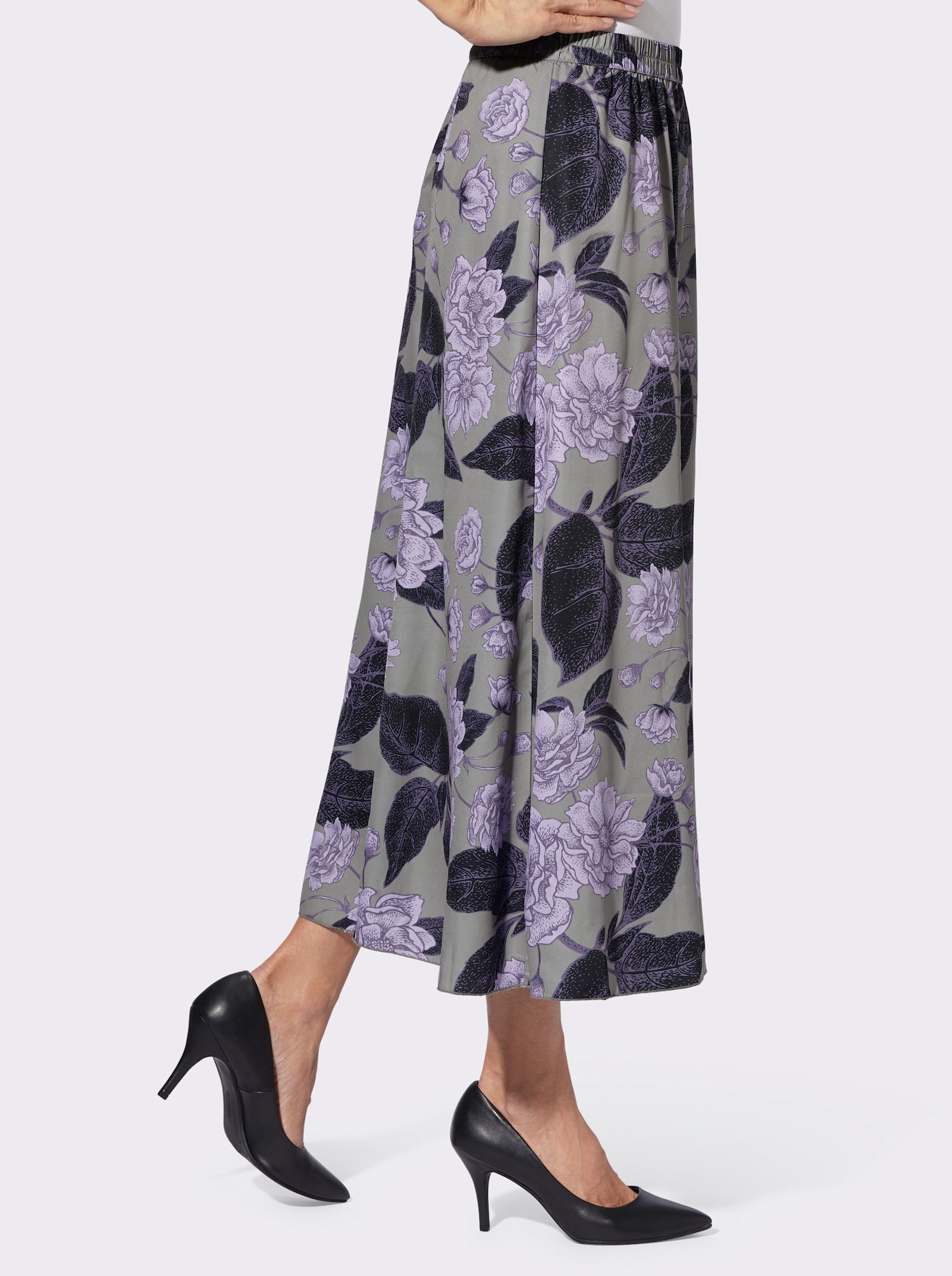 Bahnenrock mit Blüten- und Blätterdruck - grau-lavendel-bedruckt