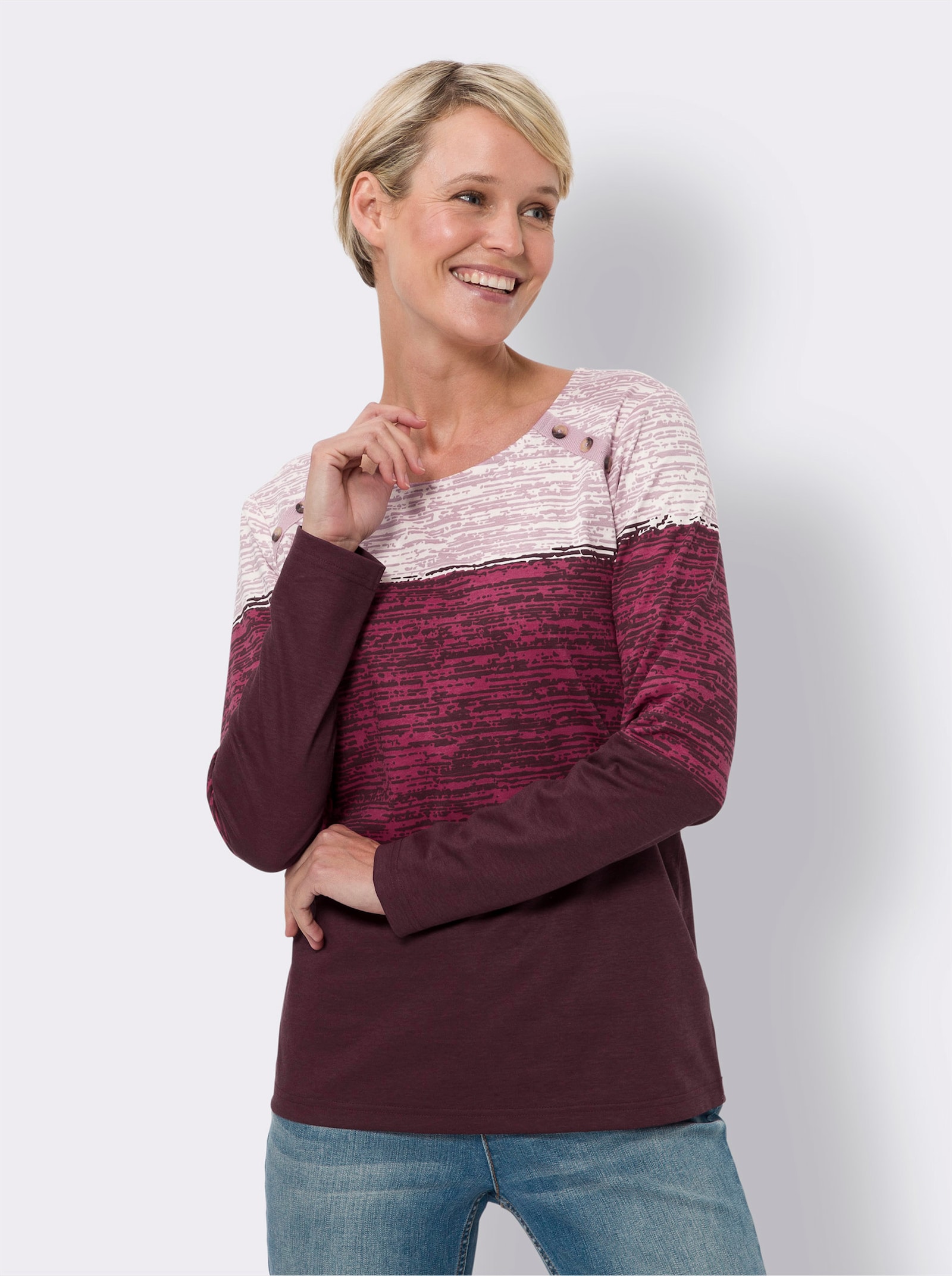 Langarmshirt mit Zierknöpfen - orchidee-burgund-bedruckt