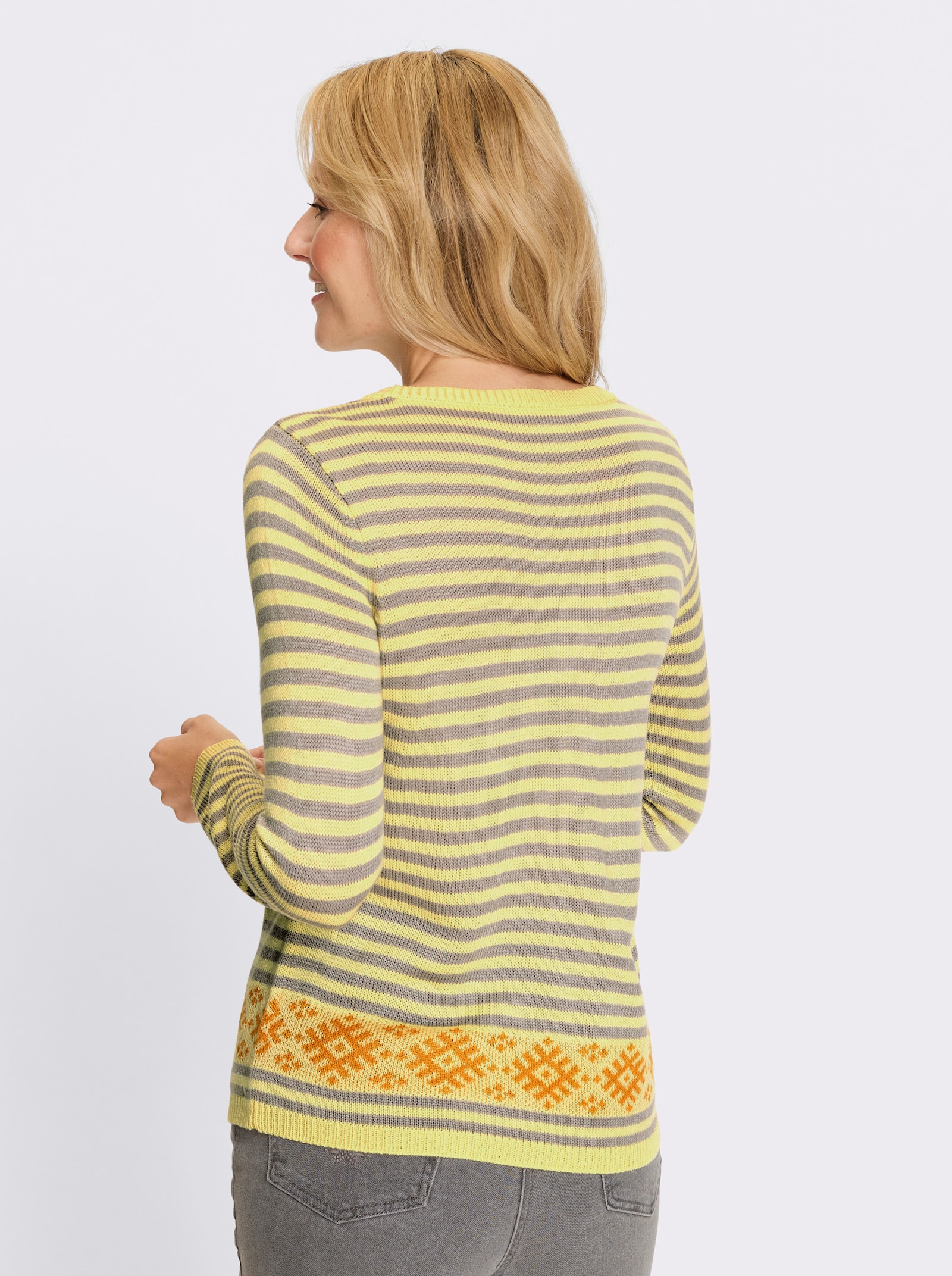 Svetr s dlouhým rukávem a kombinací proužků s norským vzorem - citronová-okrová-vzor