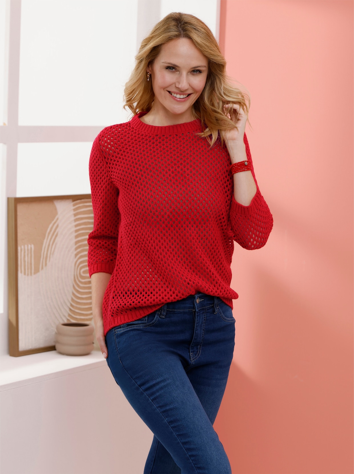 Ajourpullover mit gerippten Bündchen - erdbeere