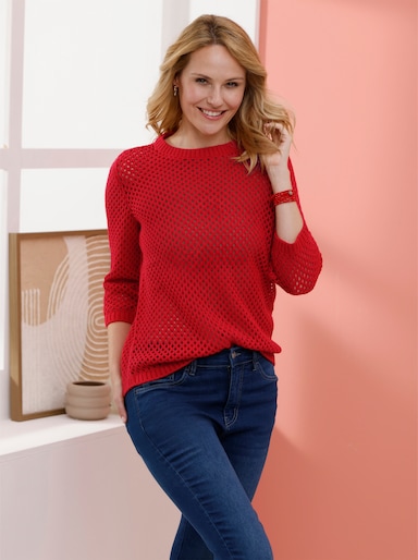 Ajourpullover mit gerippten Bündchen - erdbeere