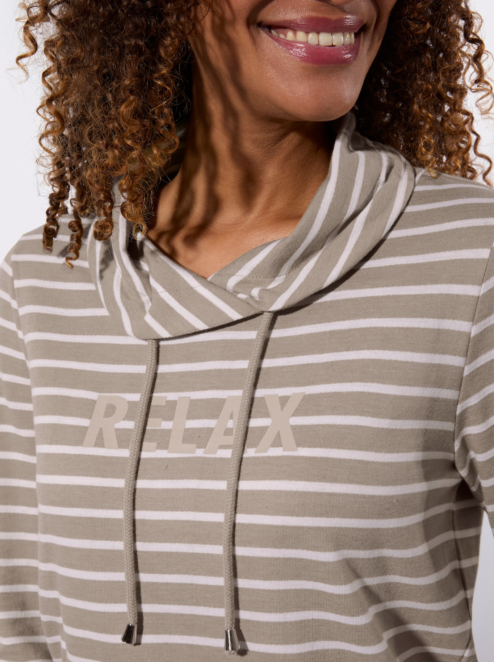 Sweatshirt mit regulierbarem Rollkragen - taupe-weiß-geringelt