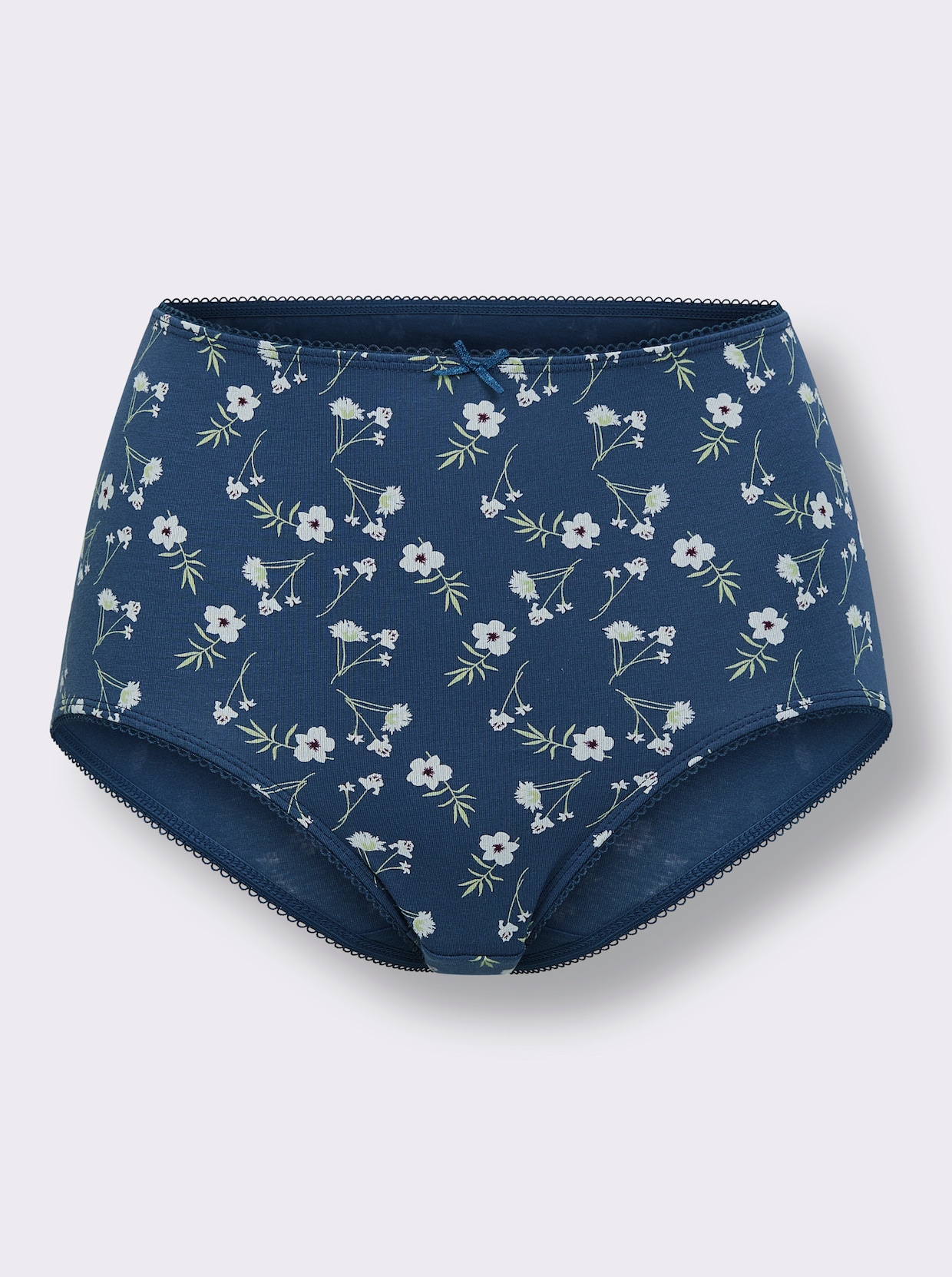 wäschepur Taillenslip mit Mäusezähnchen-Spitze - 2x rauchblau-bedruckt + 1x rauchblau + 1x bordeaux