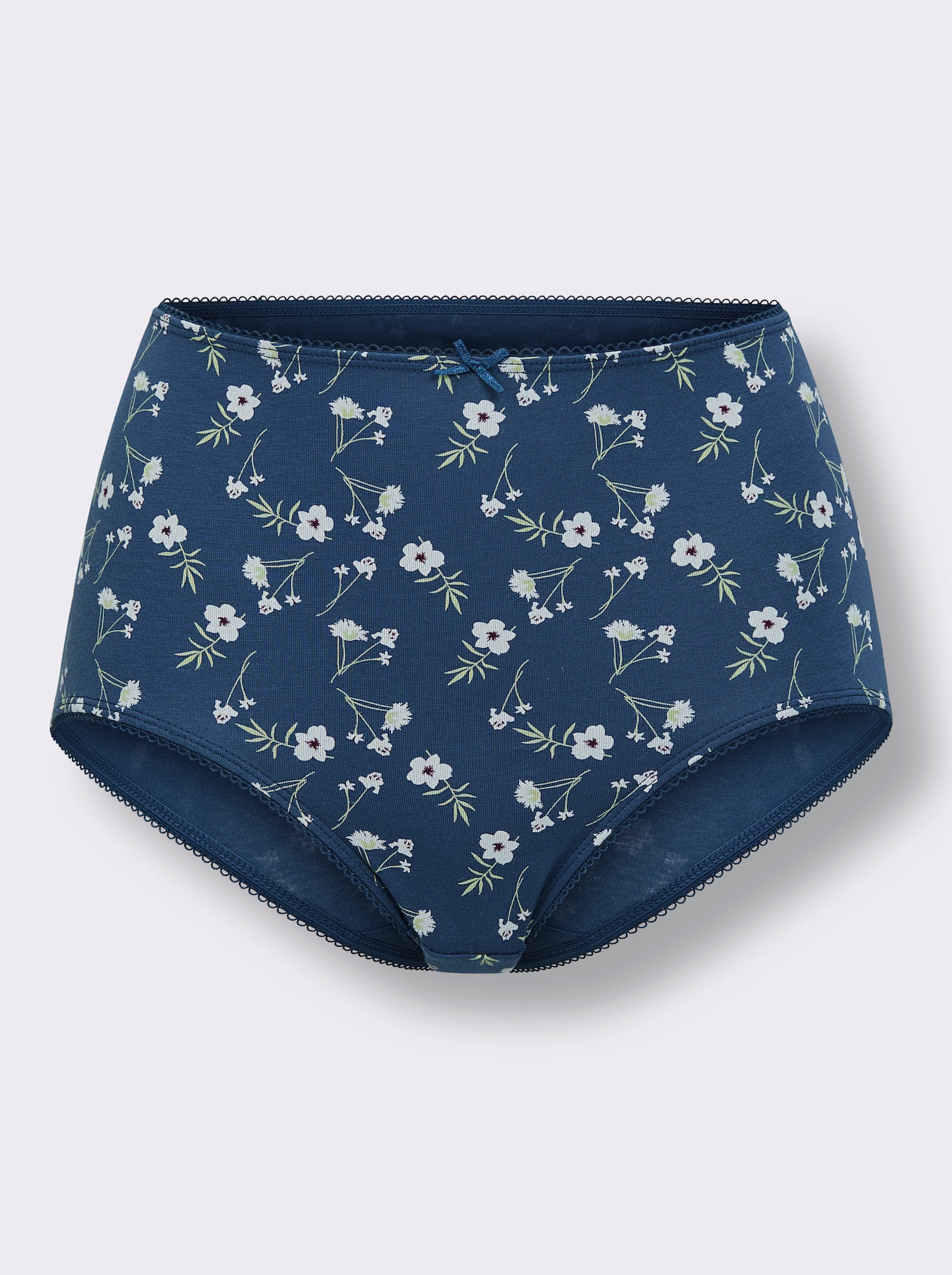 wäschepur Taillenslip mit Mäusezähnchen-Spitze - 2x rauchblau-bedruckt + 1x rauchblau + 1x bordeaux