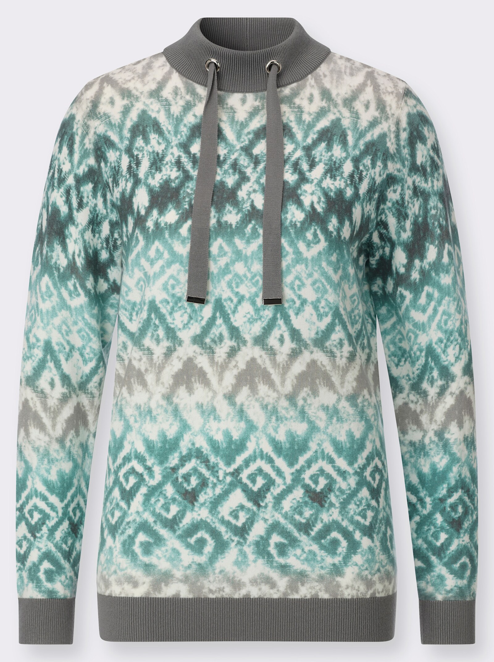 Stehkragenpullover mit Bindebändern - ecru-grau-bedruckt