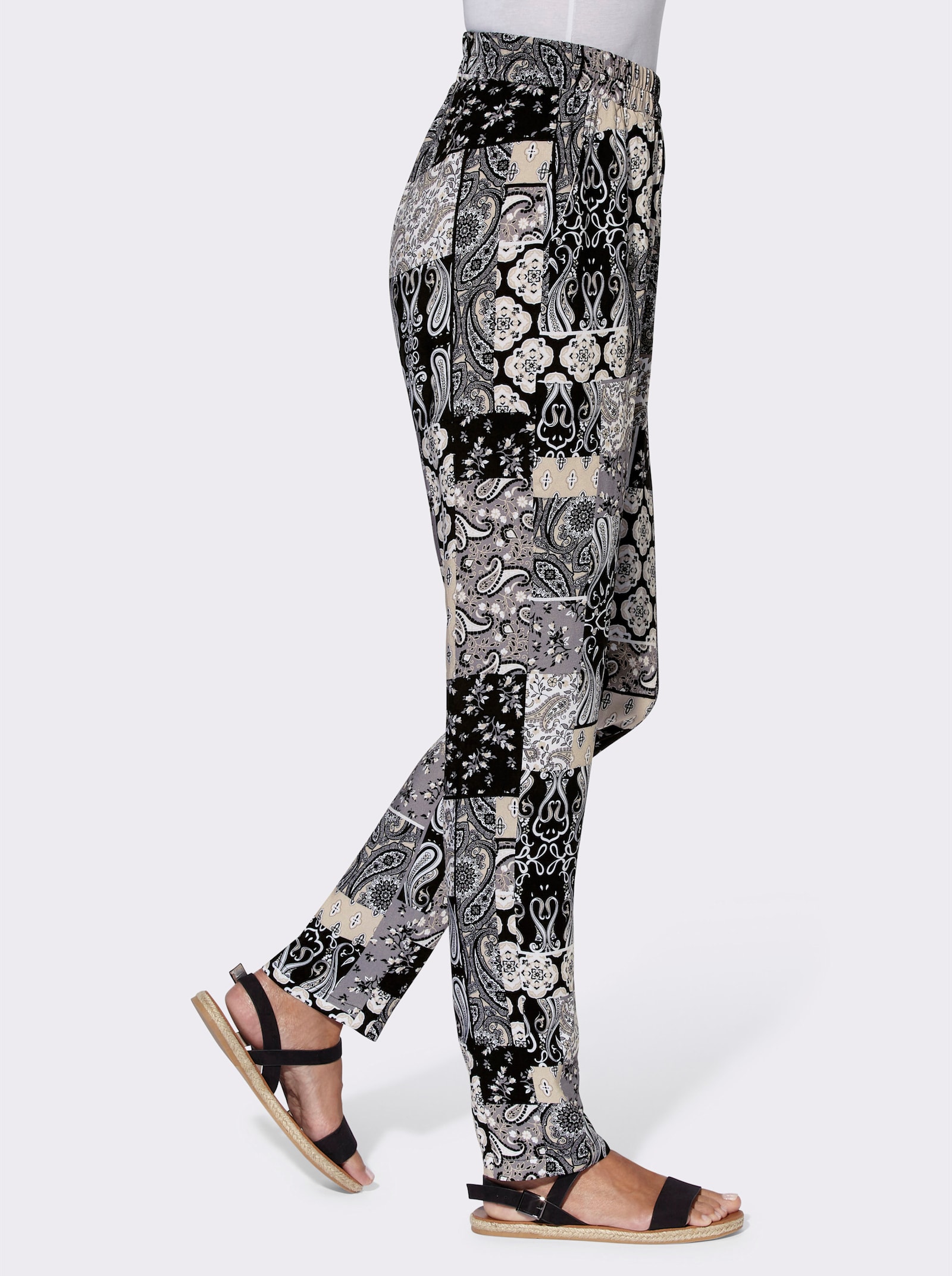 Comfortbroek met zijzakken - zwart/zand geprint