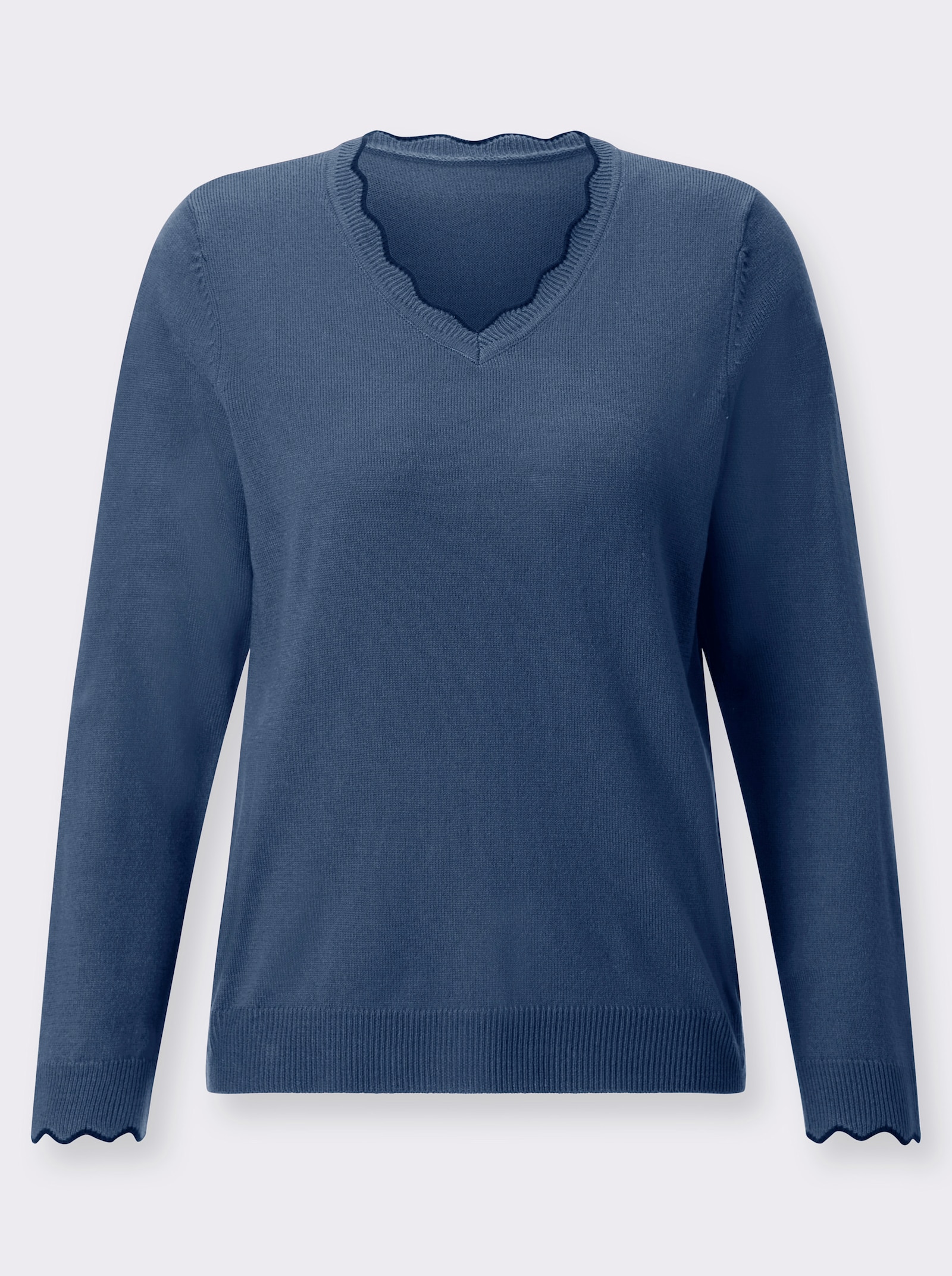V-Ausschnitt-Pullover mit gewelltem Abschluss - jeansblau