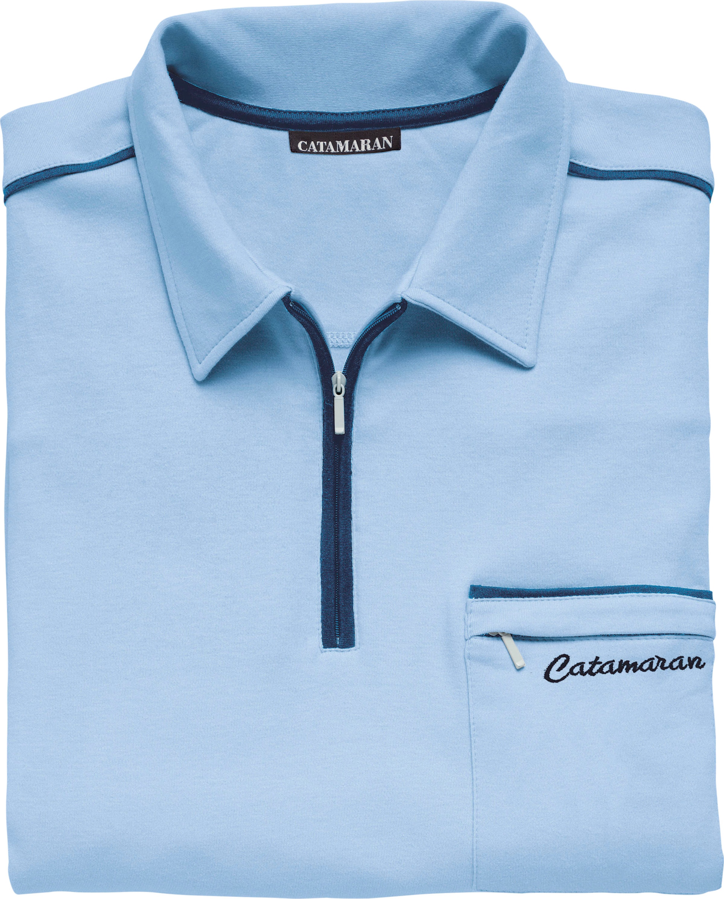 Shirt I günstig Kaufen-Kurzarm-Poloshirt in hellblau von Catamaran. Kurzarm-Poloshirt in hellblau von Catamaran <![CDATA[Kurzarm-Poloshirt mit hochwertiger Kontrastpaspelierung und Catamaran-Stickerei. Brusttasche mit Reißverschluss und Rippbündchen am Saum.]]>. 