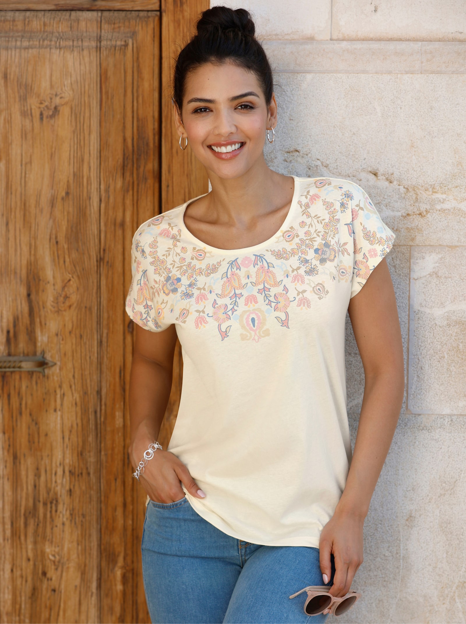 Tričko s okr. výstr.a kvet.vzorom - Šampanská – ružová