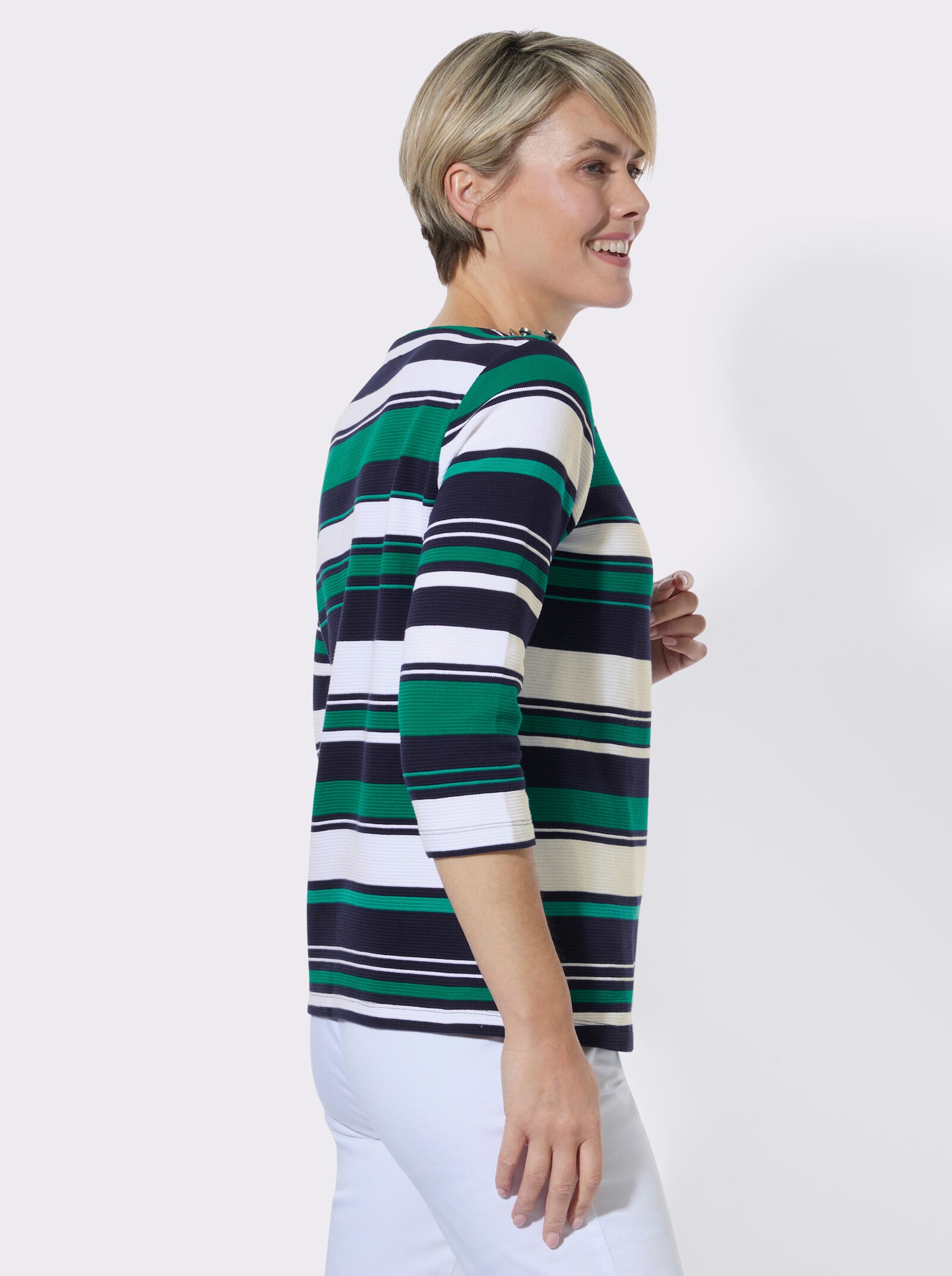 Ringelshirt mit Zierknöpfen an den Schultern - marine-grün-geringelt