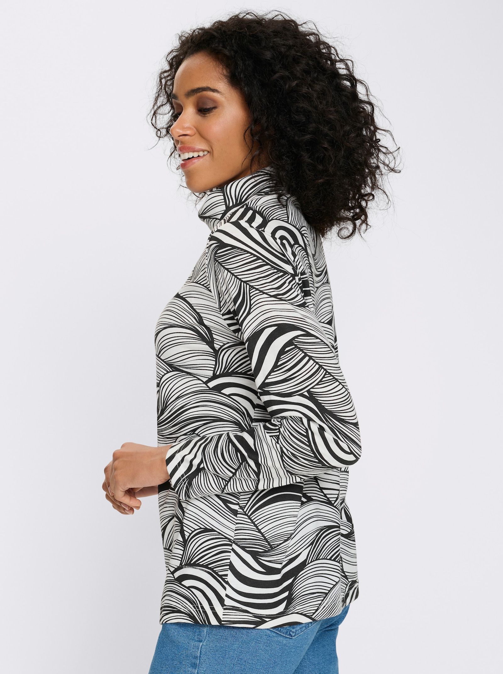 Rollkragenshirt aus reiner Baumwolle - schwarz-ecru-bedruckt