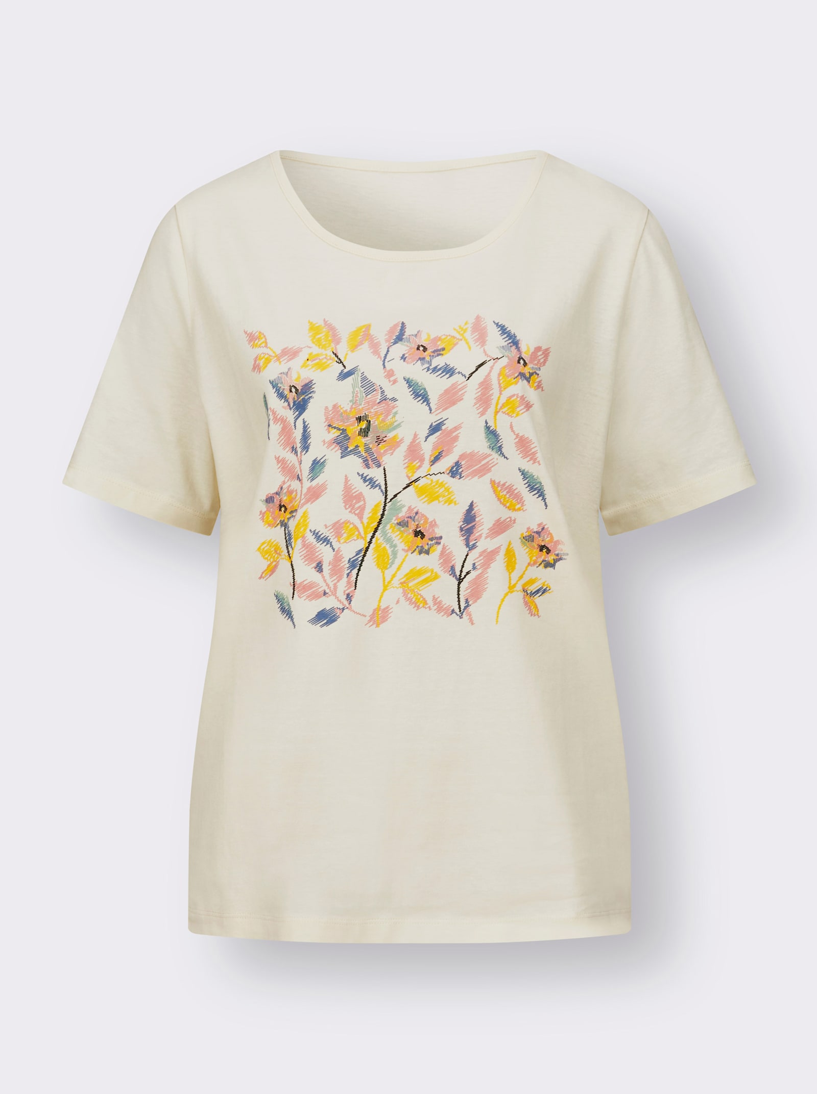 Shirt met korte mouwen en op dessin geplaatste bloemenprint - champagne/rozenkwarts