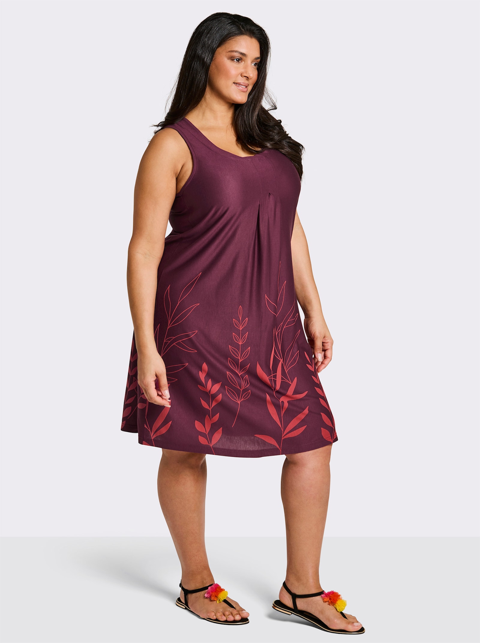 sheego A-Linien-Kleid mit Blätterprint am Saum - burgund-hummer-bedruckt