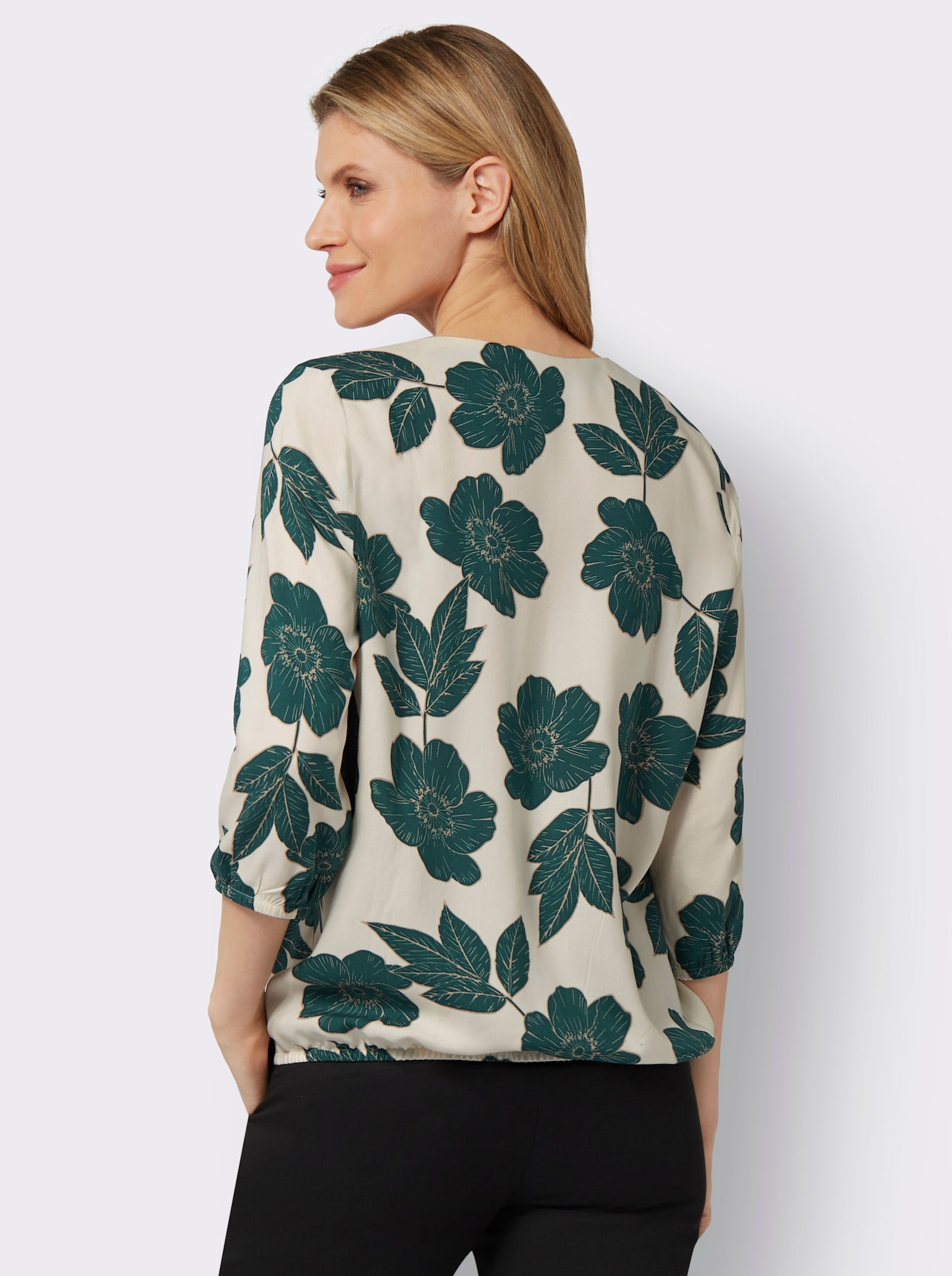 Comfortblouse met grote bloemen - champagner-petrol-bedruckt