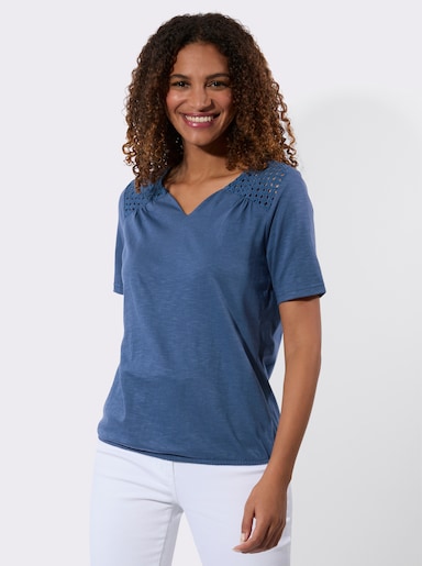 Spitzenshirt mit elastischem Saum - jeansblau