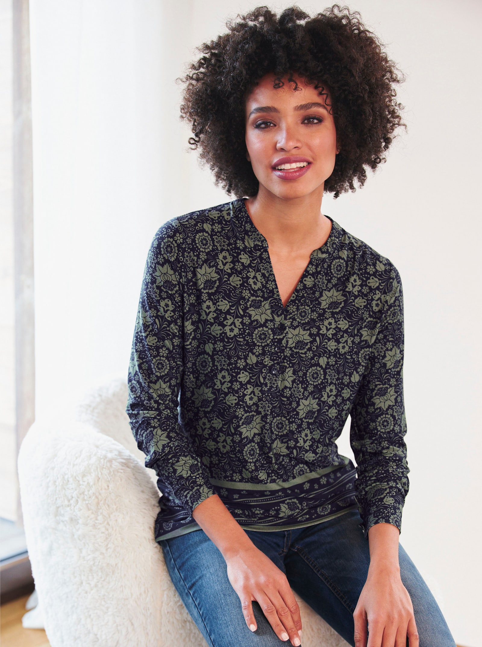 heine Shirt met print en knoopsluiting - kaki/marine bedrukt