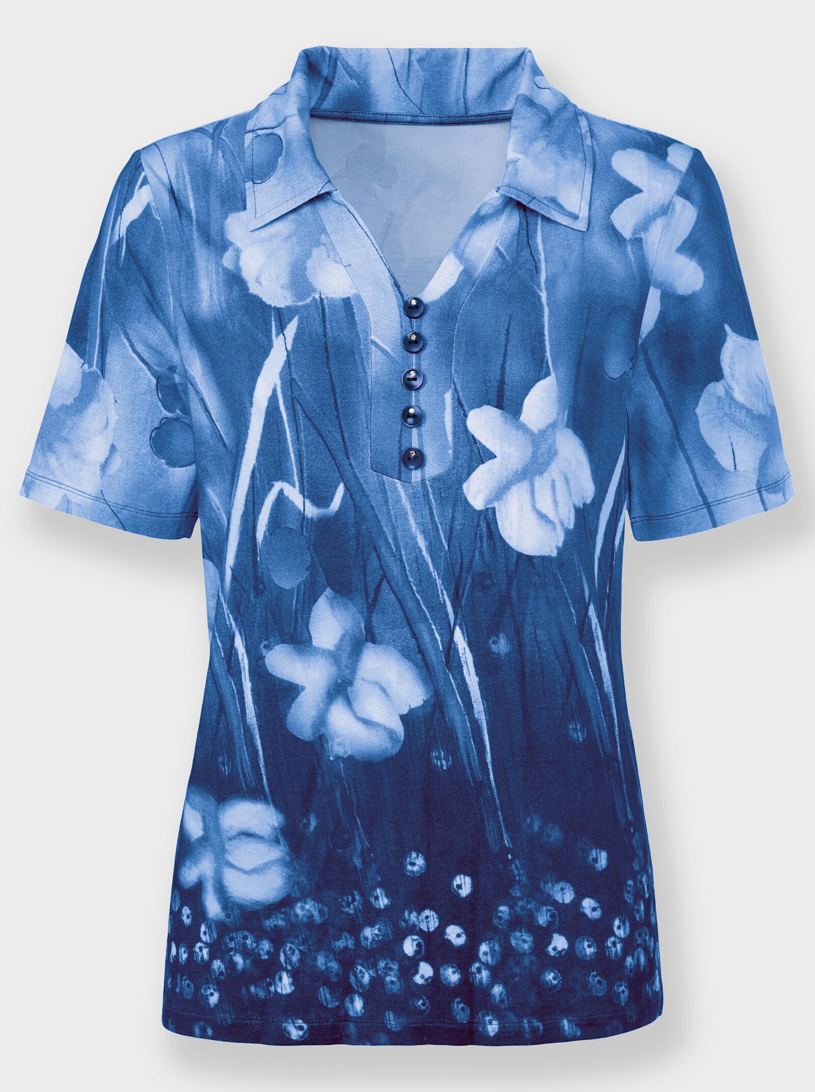 Poloshirt met bloemenprint - middenblauw/ecru bedrukt