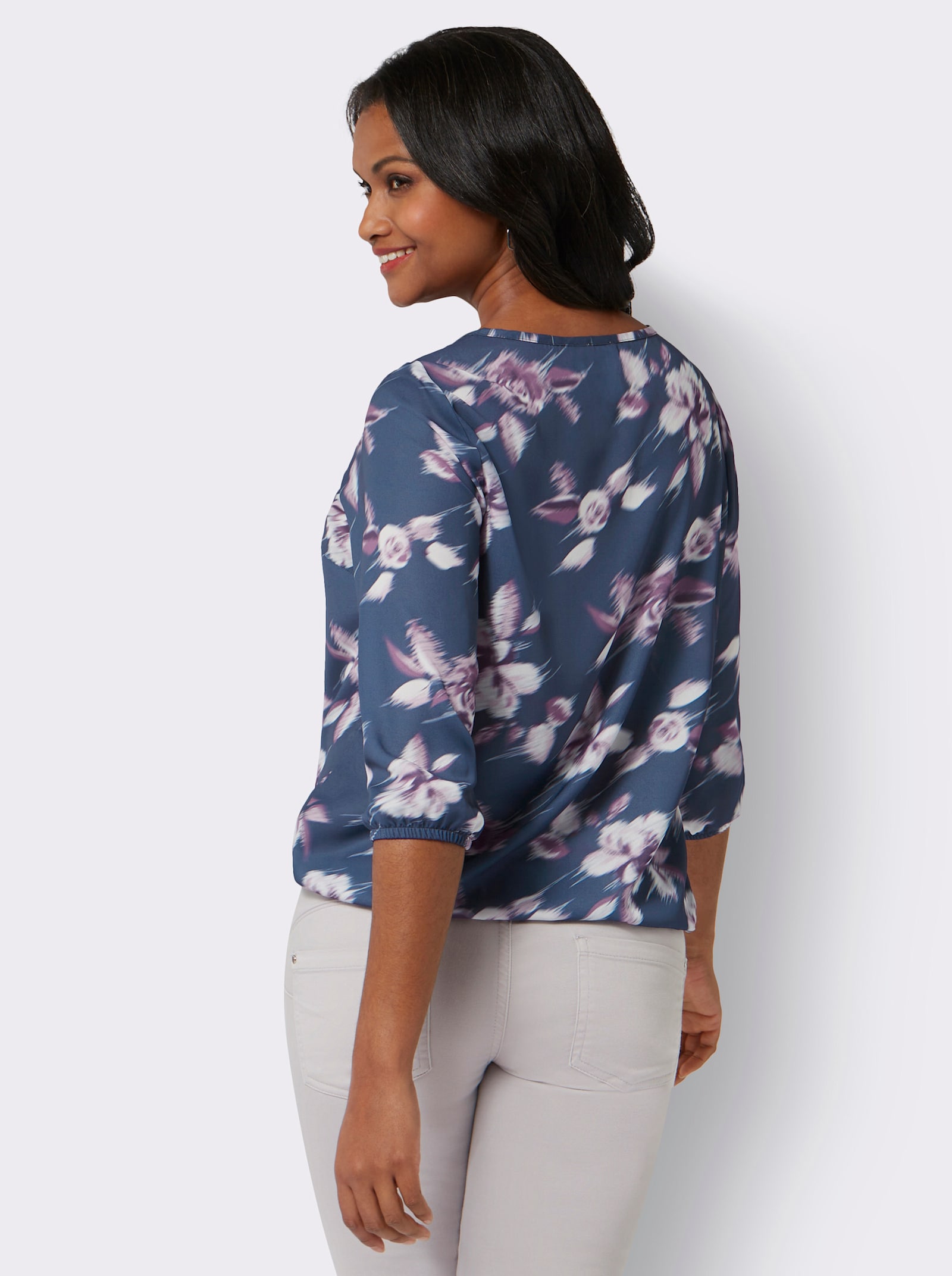 Druckbluse mit Smok-Einsatz - marine-rosé-bedruckt