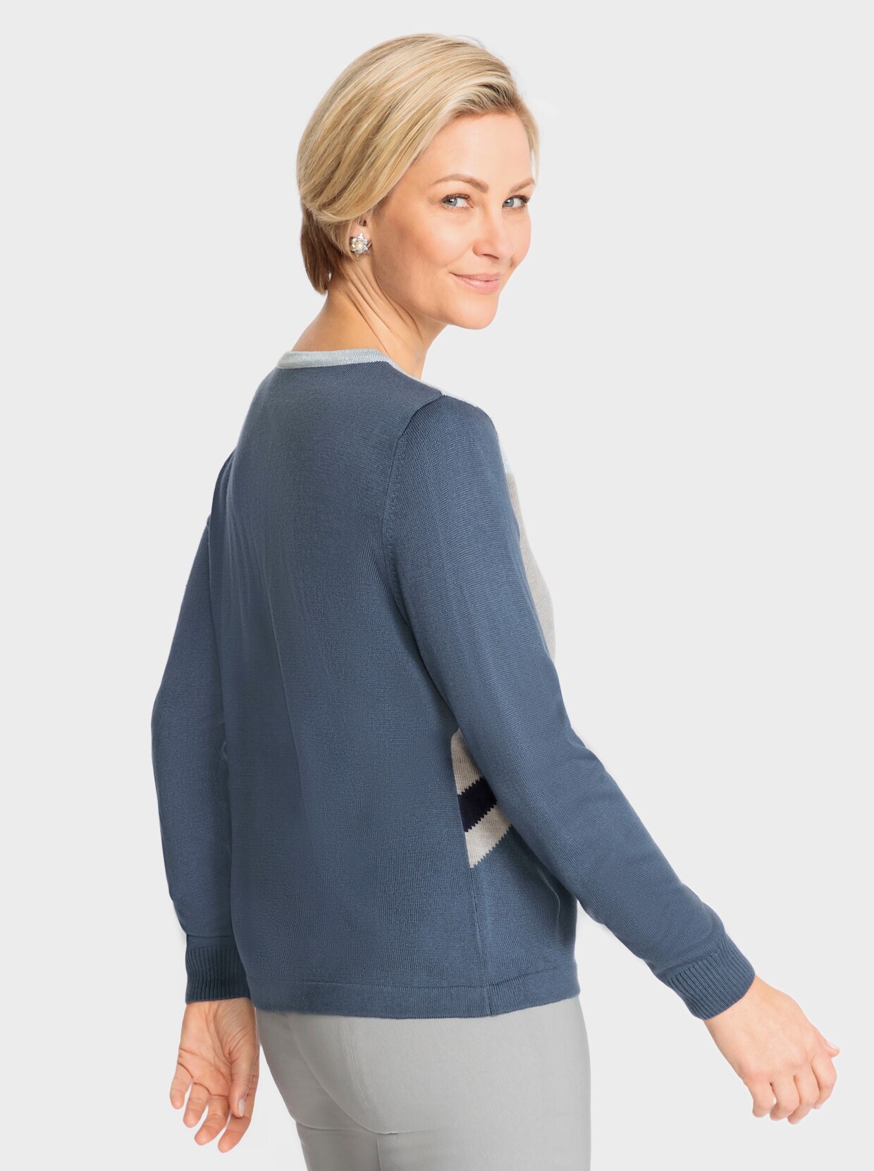 Pullover met ronde hals - rookblauw/lichtblauw gedessineerd