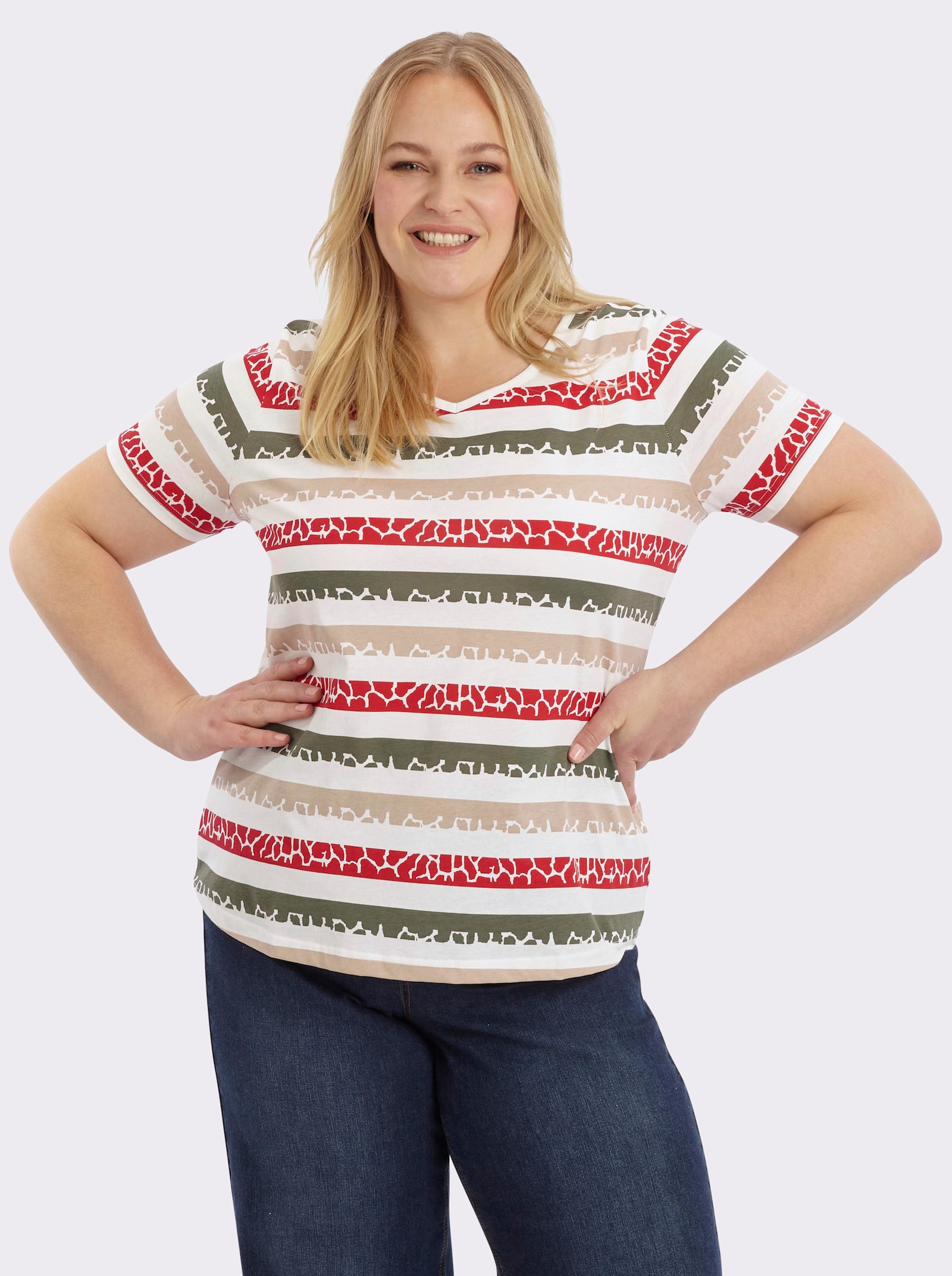 Print-Shirt mit Ringel-Muster - khaki-rot-gestreift