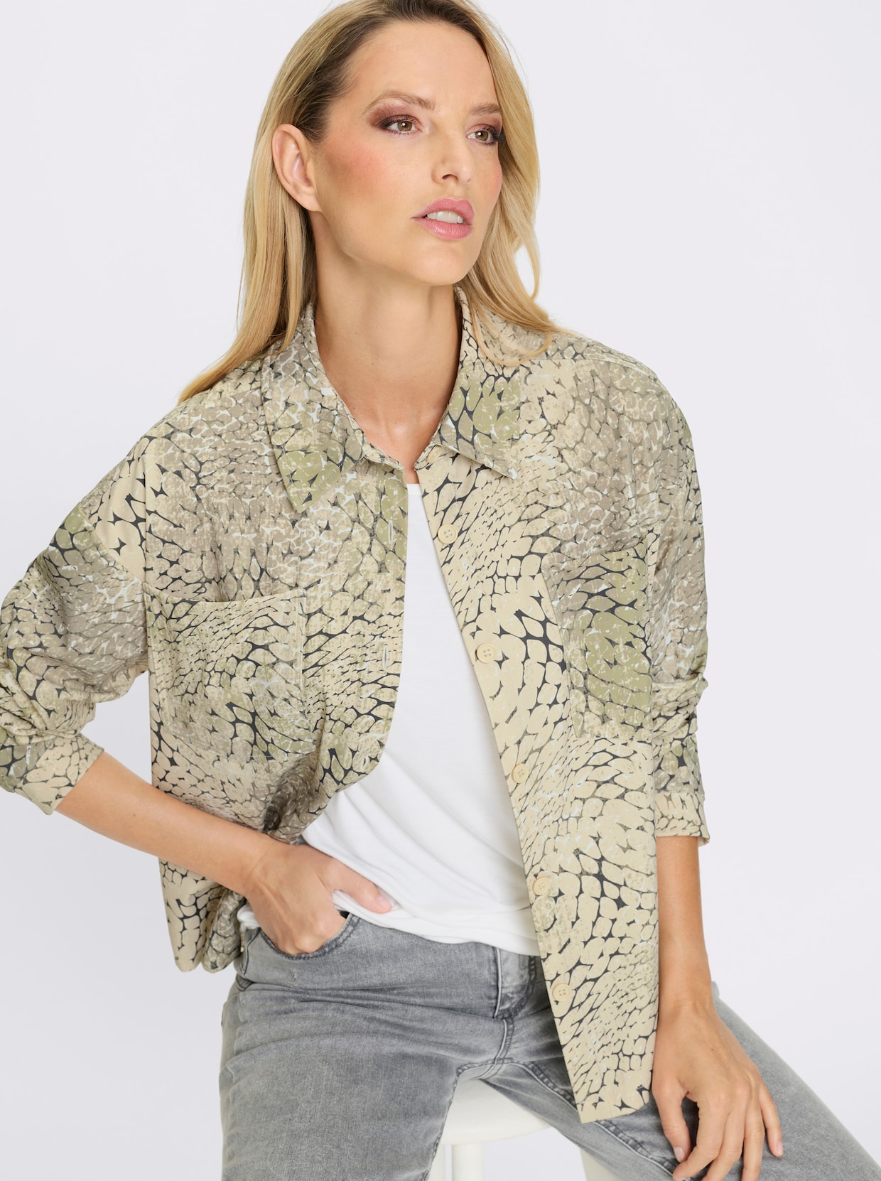 heine Jersey-Bluse - khaki-sand-bedruckt