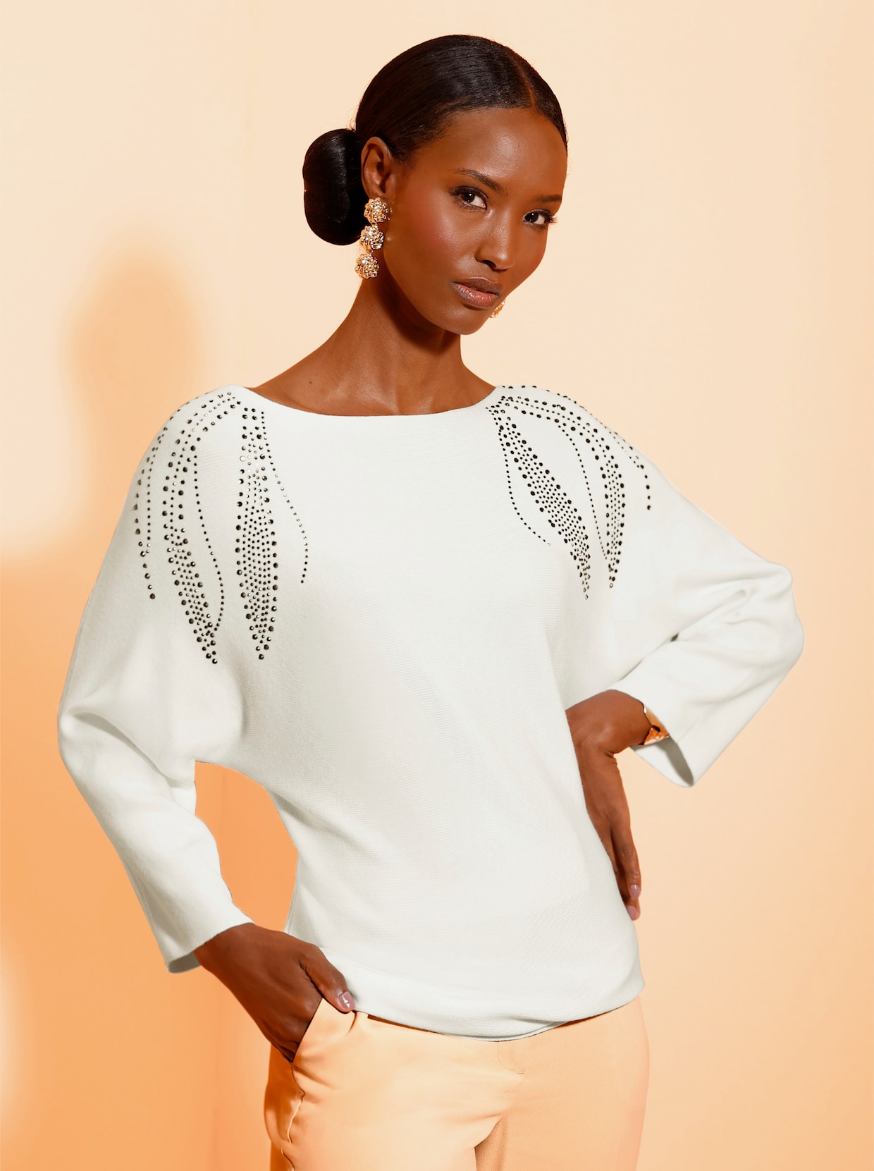 3/4 Arm-Pullover mit Fledermaus-Ärmeln - ecru