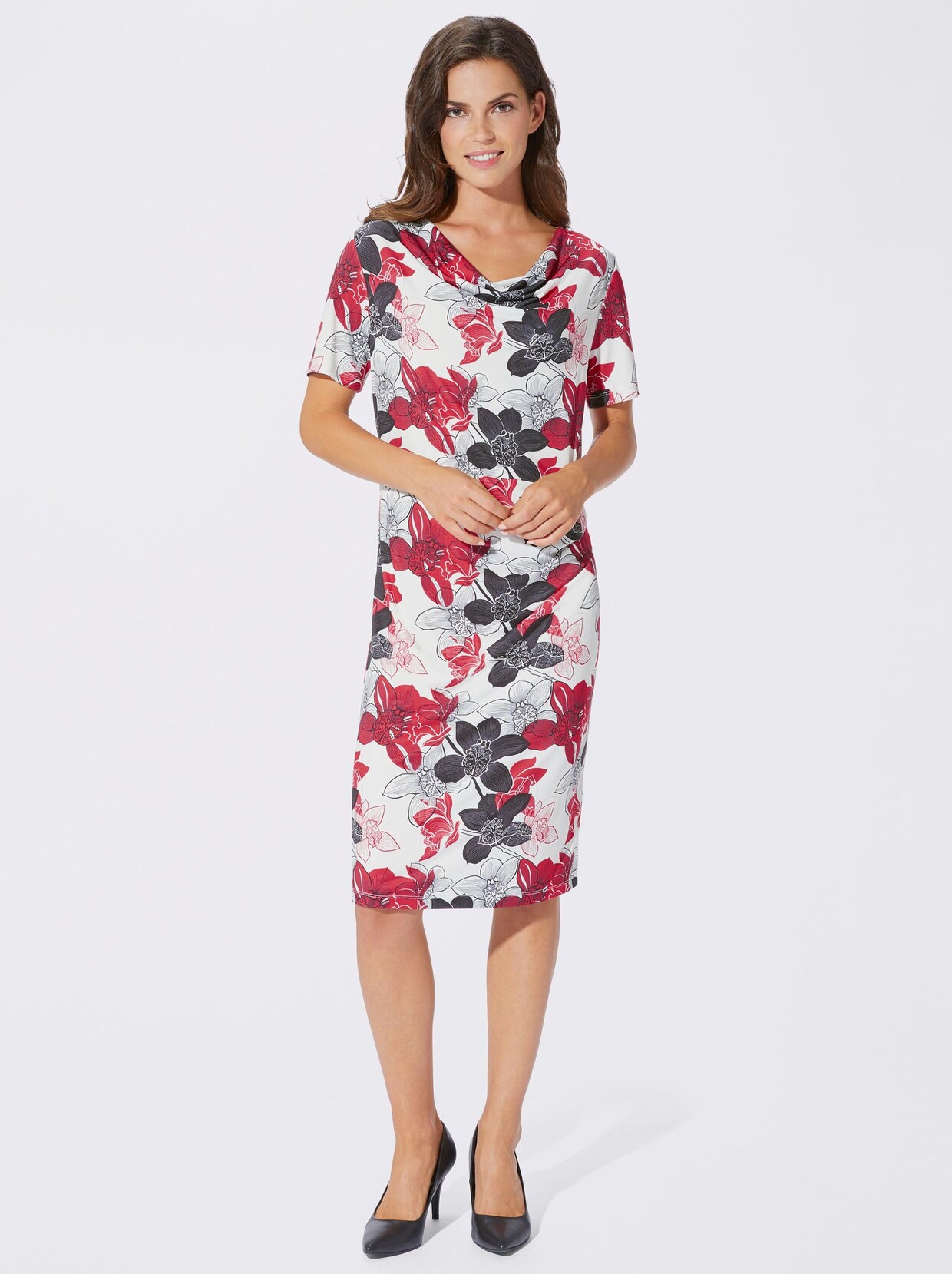 Jerseykleid - rot-schwarz-bedruckt