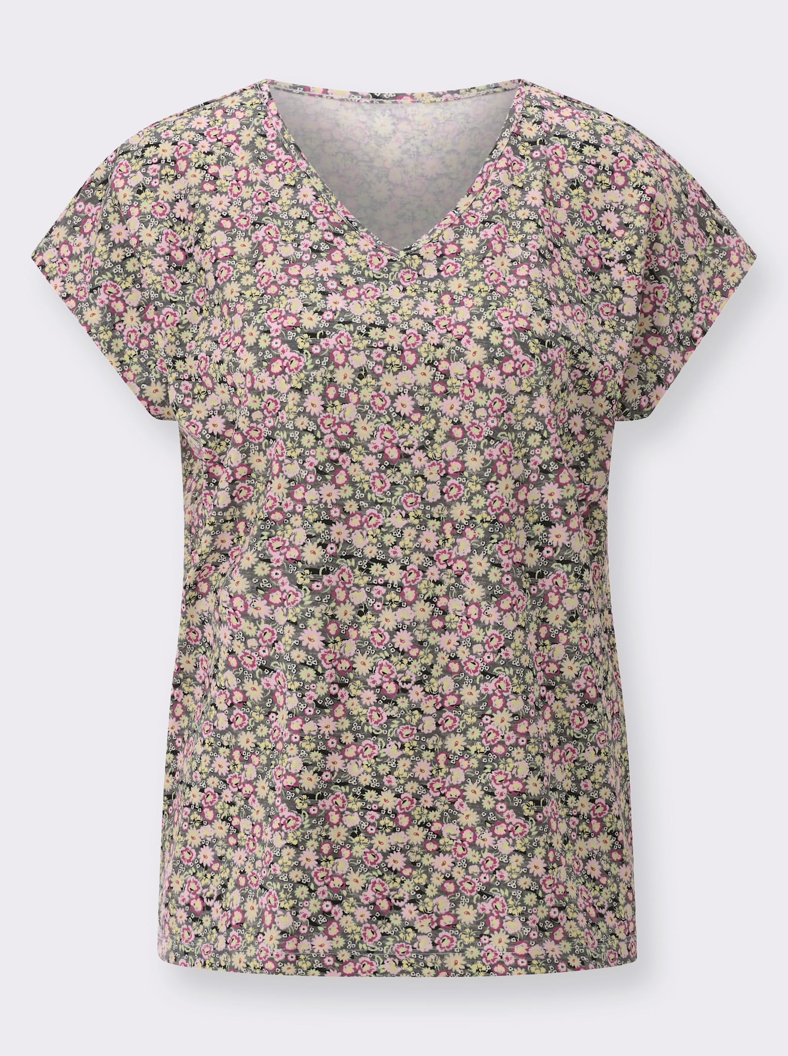 Shirt met V-hals en bloemetjespatroon - antraciet/roze