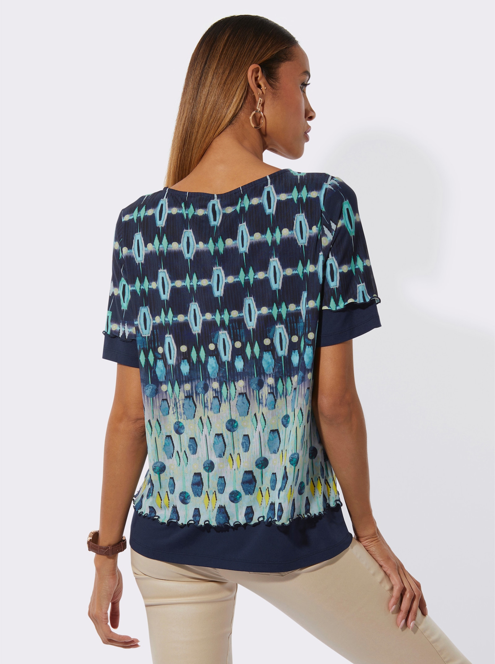 Rundhalsshirt im Lagenlook - marine-hellblau-bedruckt