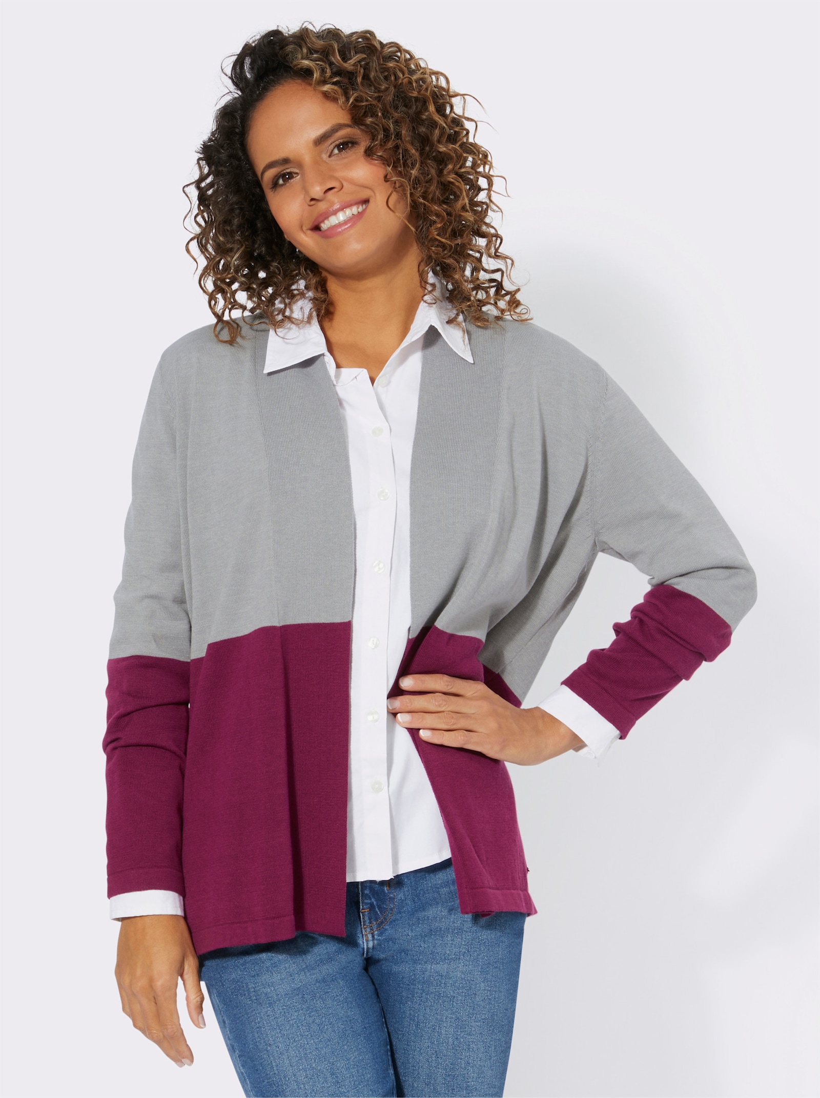 Strickjacke mit Colour-Blocking-Muster - malve-steingrau-gemustert