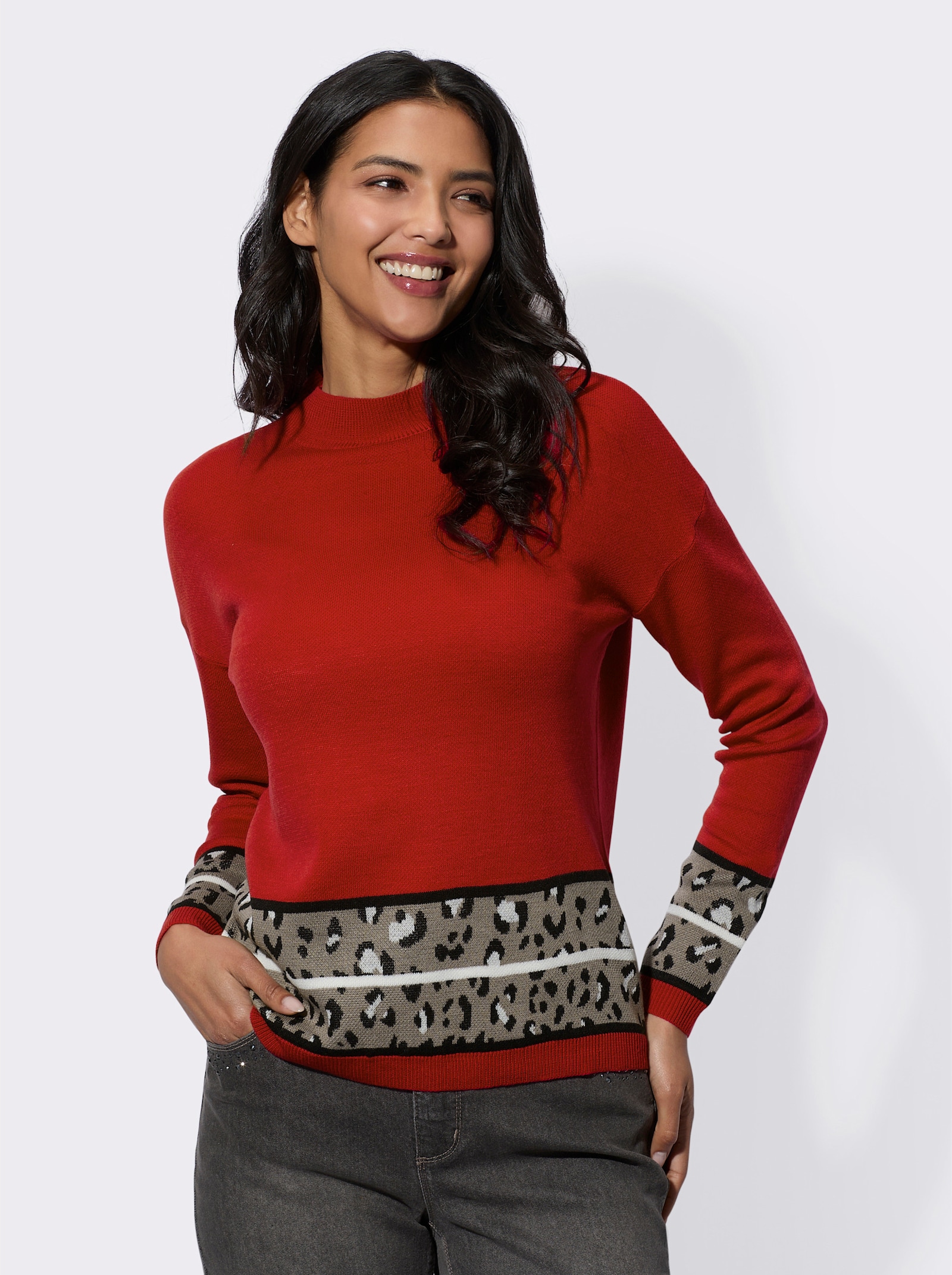 Langarm-Pullover mit Jacquard-Bordüren - rot