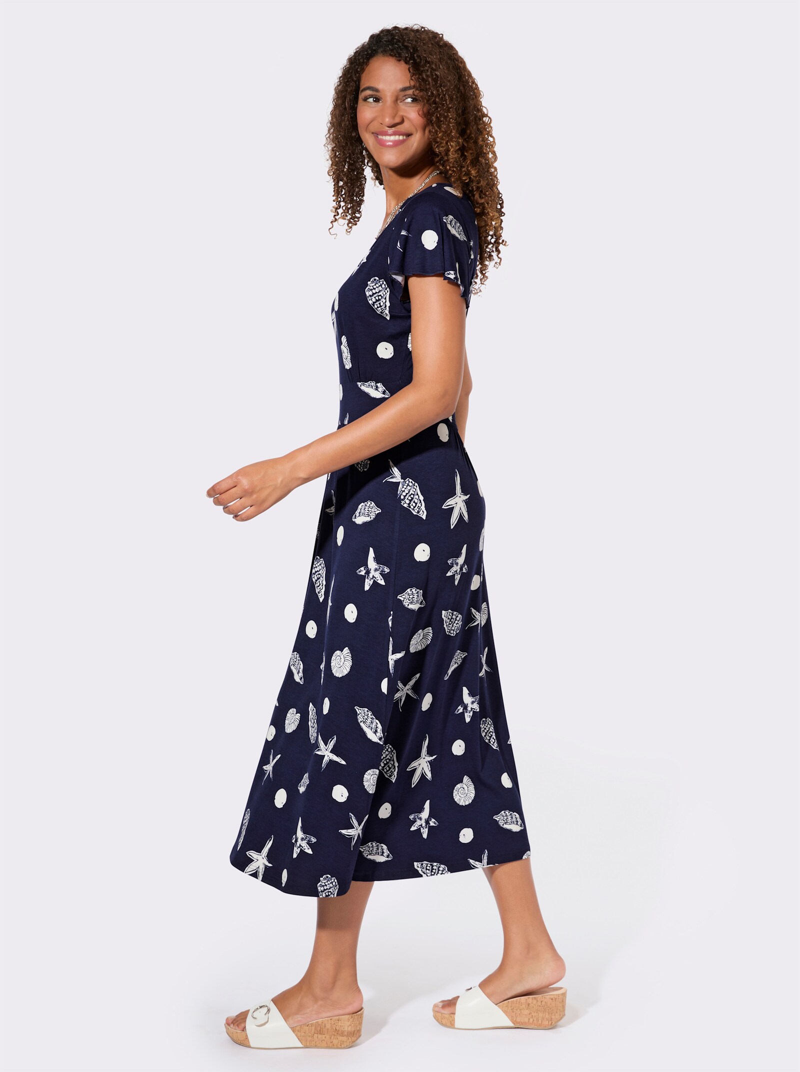 Jerseykleid mit Raffungen - marine-weiß-bedruckt