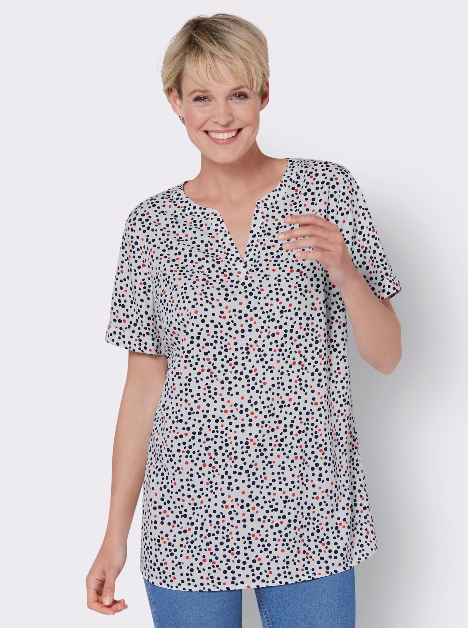 Lange blouse met vaste mouwomslag - ecru/rood bedrukt