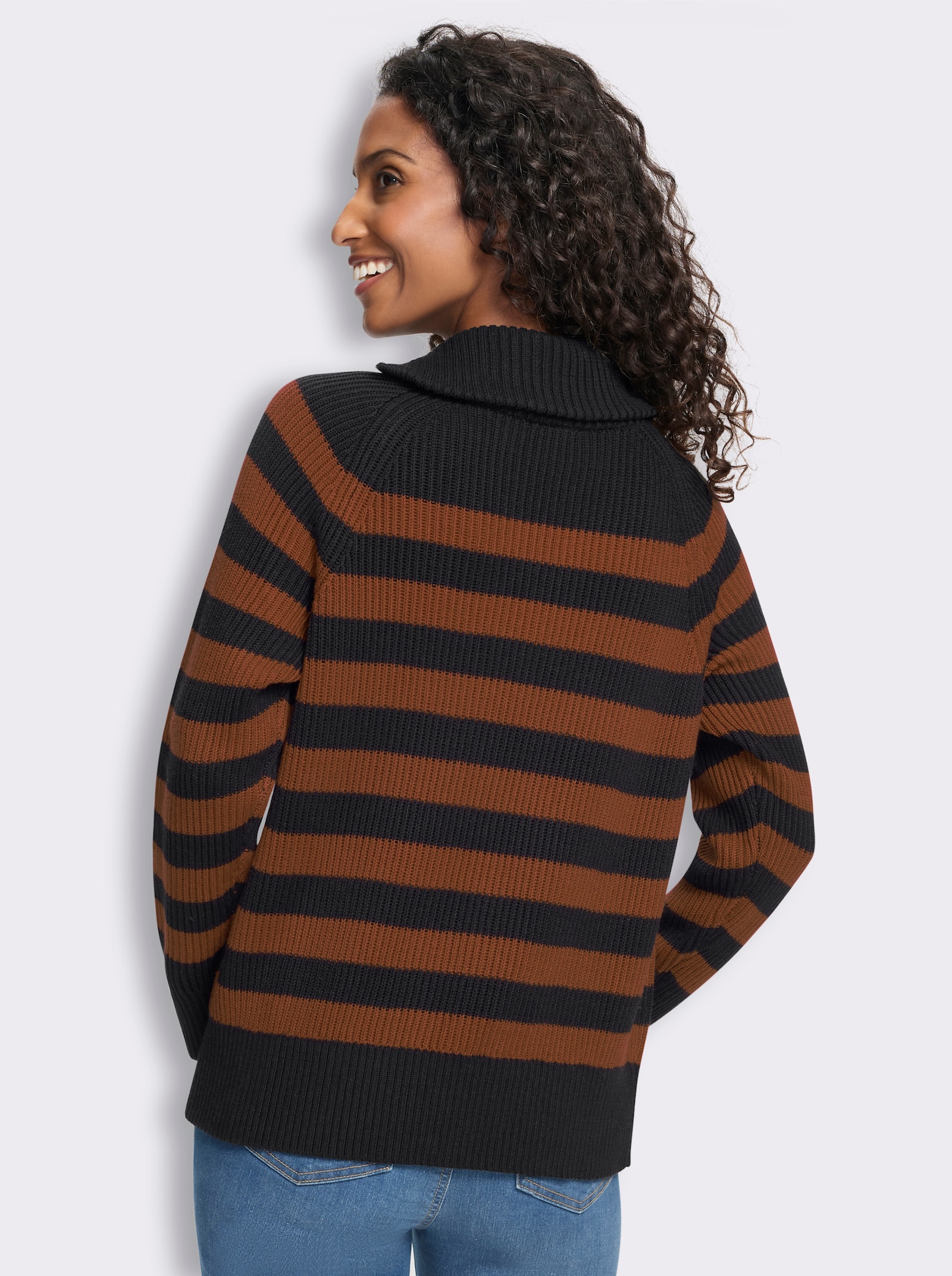 heine Langarm-Pullover mit Ringelstreifen - schwarz-cognac-geringelt