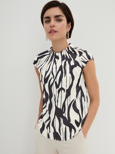 Schlupfbluse mit Falten am Kelchkragen - schwarz-ecru-gemustert