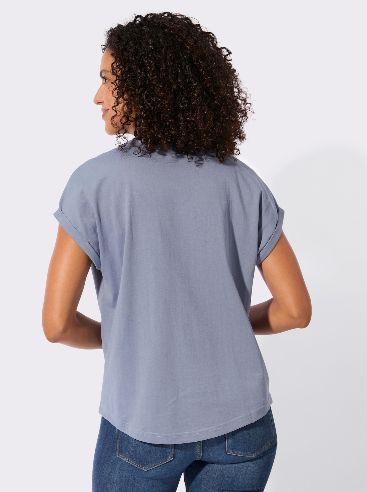 Rundhalsshirt mit Knopfleiste - taubenblau