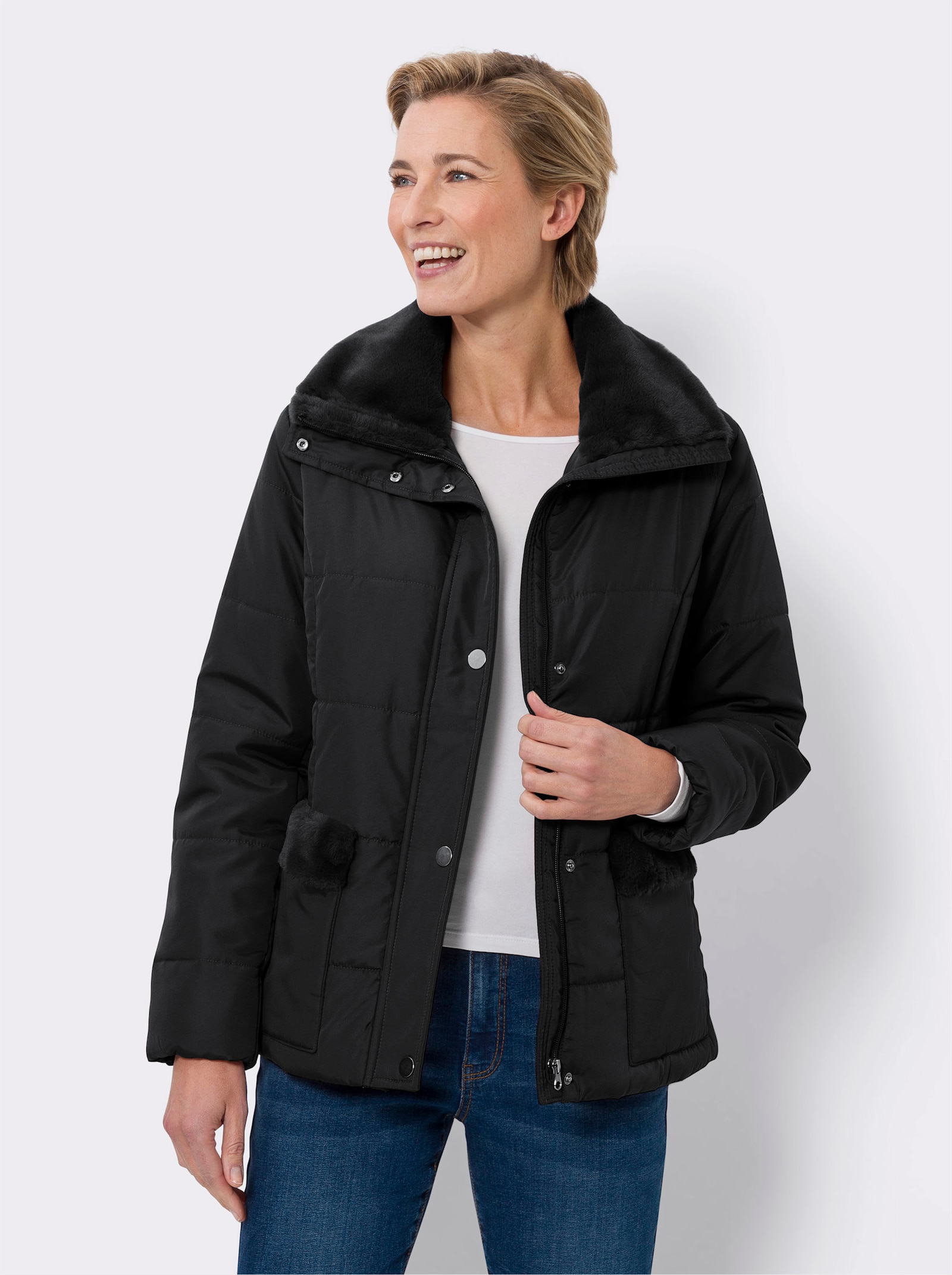 Steppjacke mit Pelz-Imitat-Details - schwarz