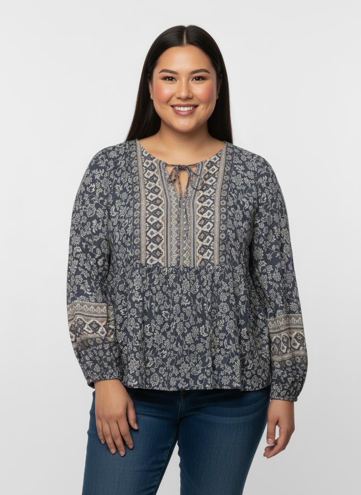 Druckbluse in Tunikaform - rauchblau-champagner-bedruckt